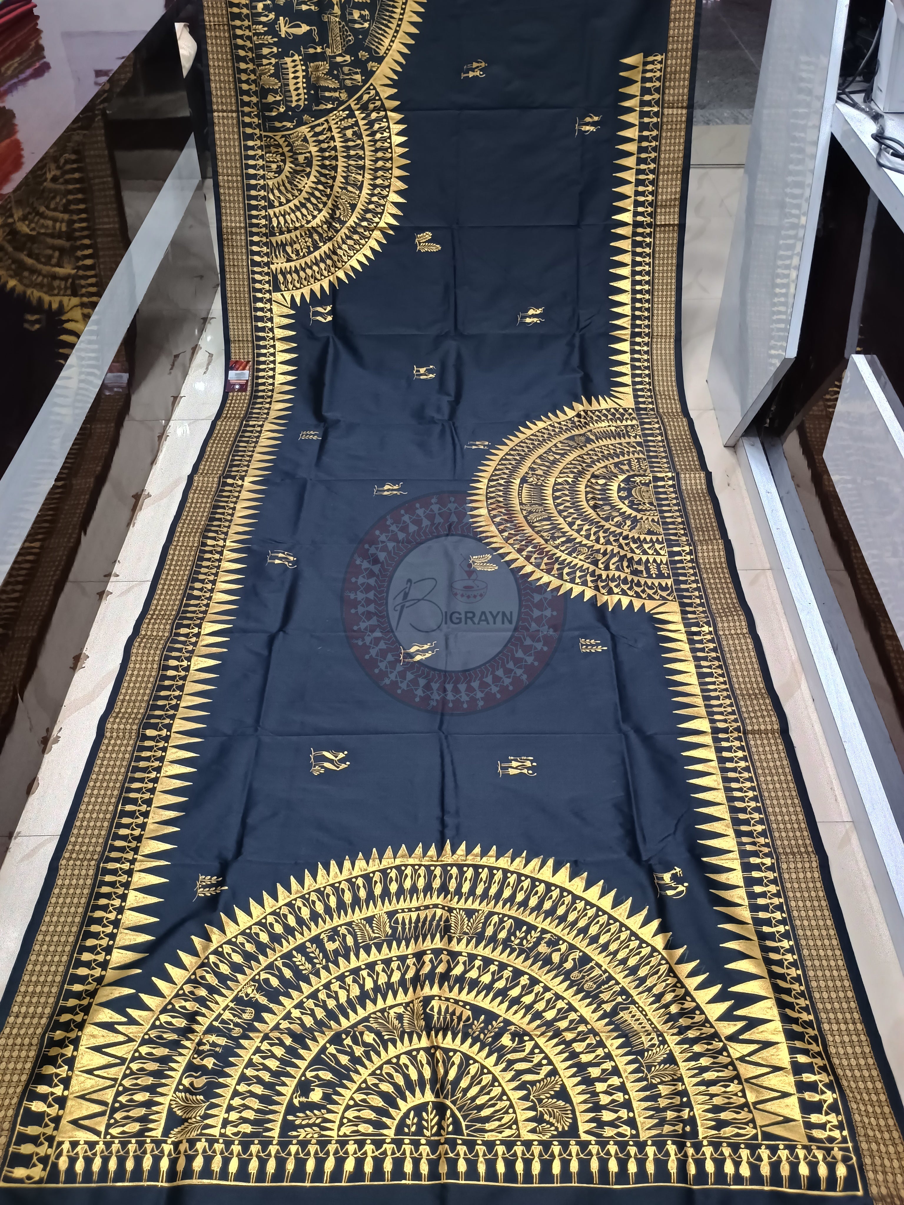 Black Tribal Round Theme Pattachitra Cotton Blended Silk Saree