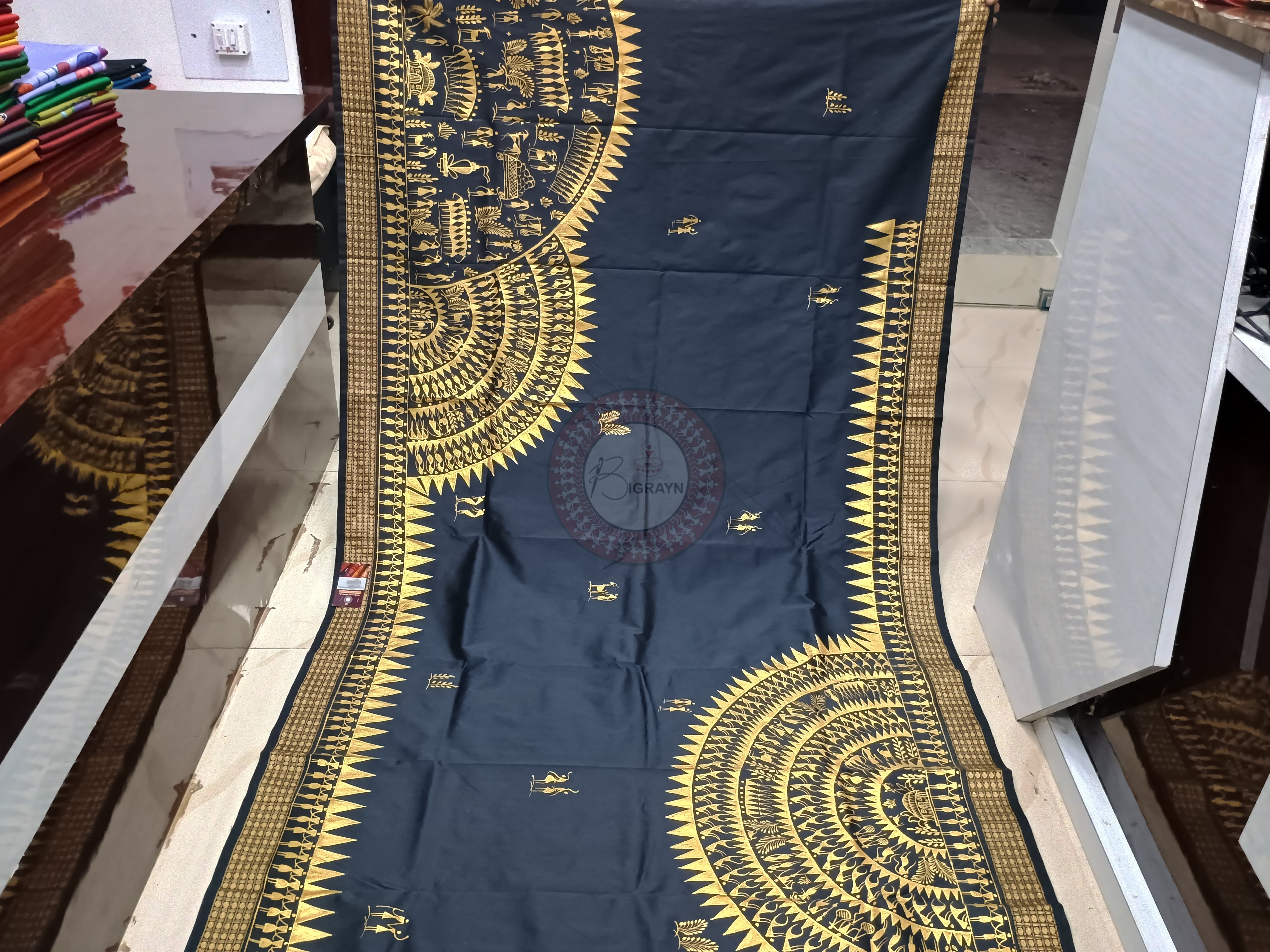 Black Tribal Round Theme Pattachitra Cotton Blended Silk Saree