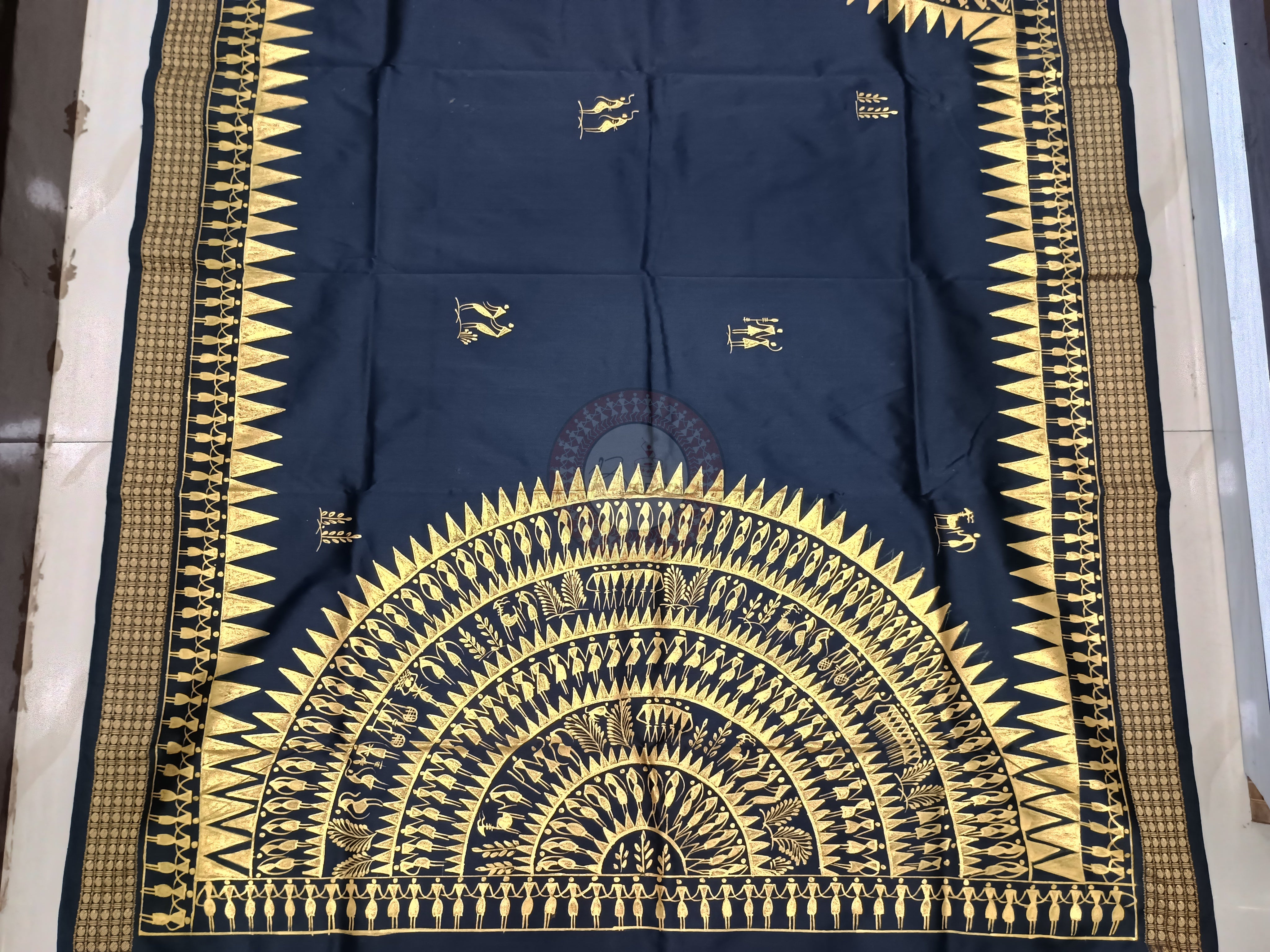Black Tribal Round Theme Pattachitra Cotton Blended Silk Saree