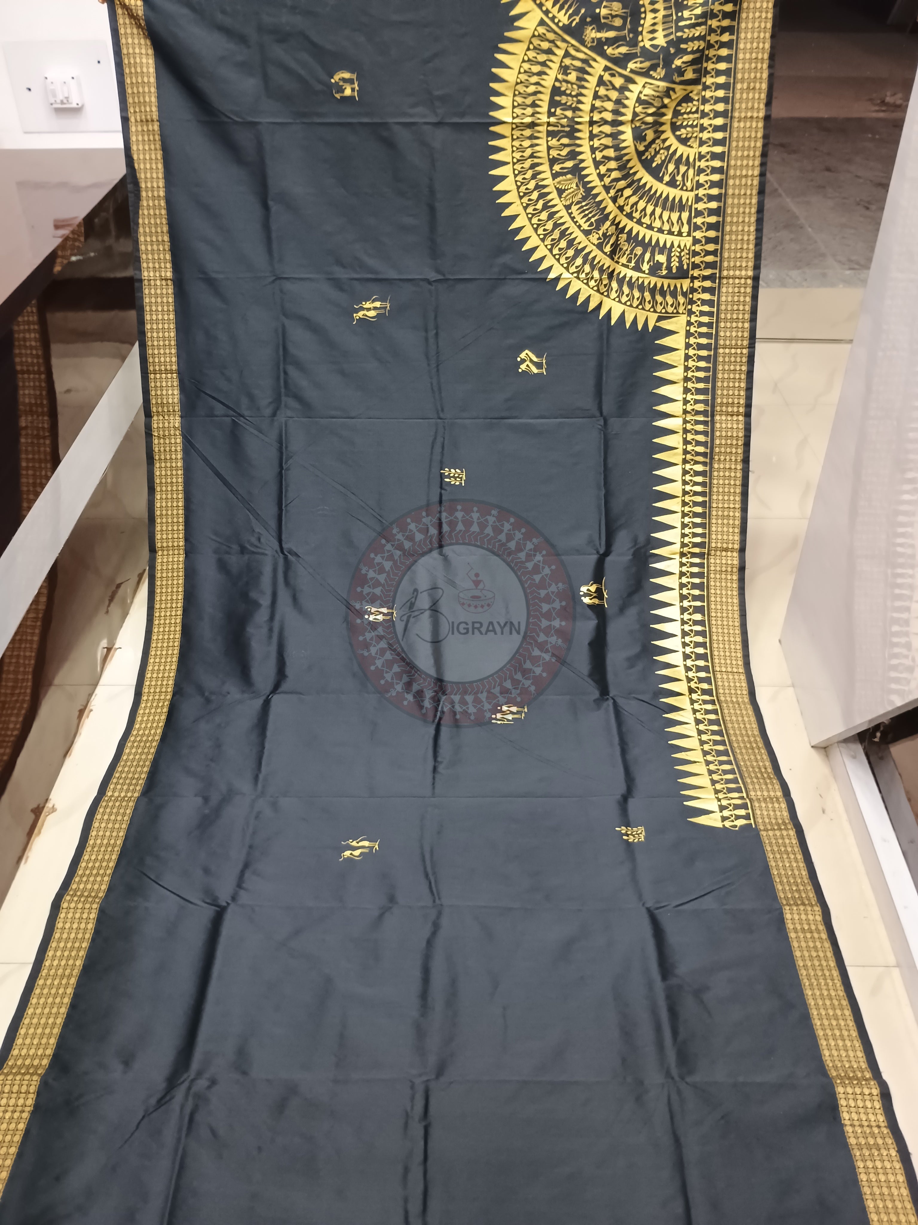 Black Tribal Round Theme Pattachitra Cotton Blended Silk Saree