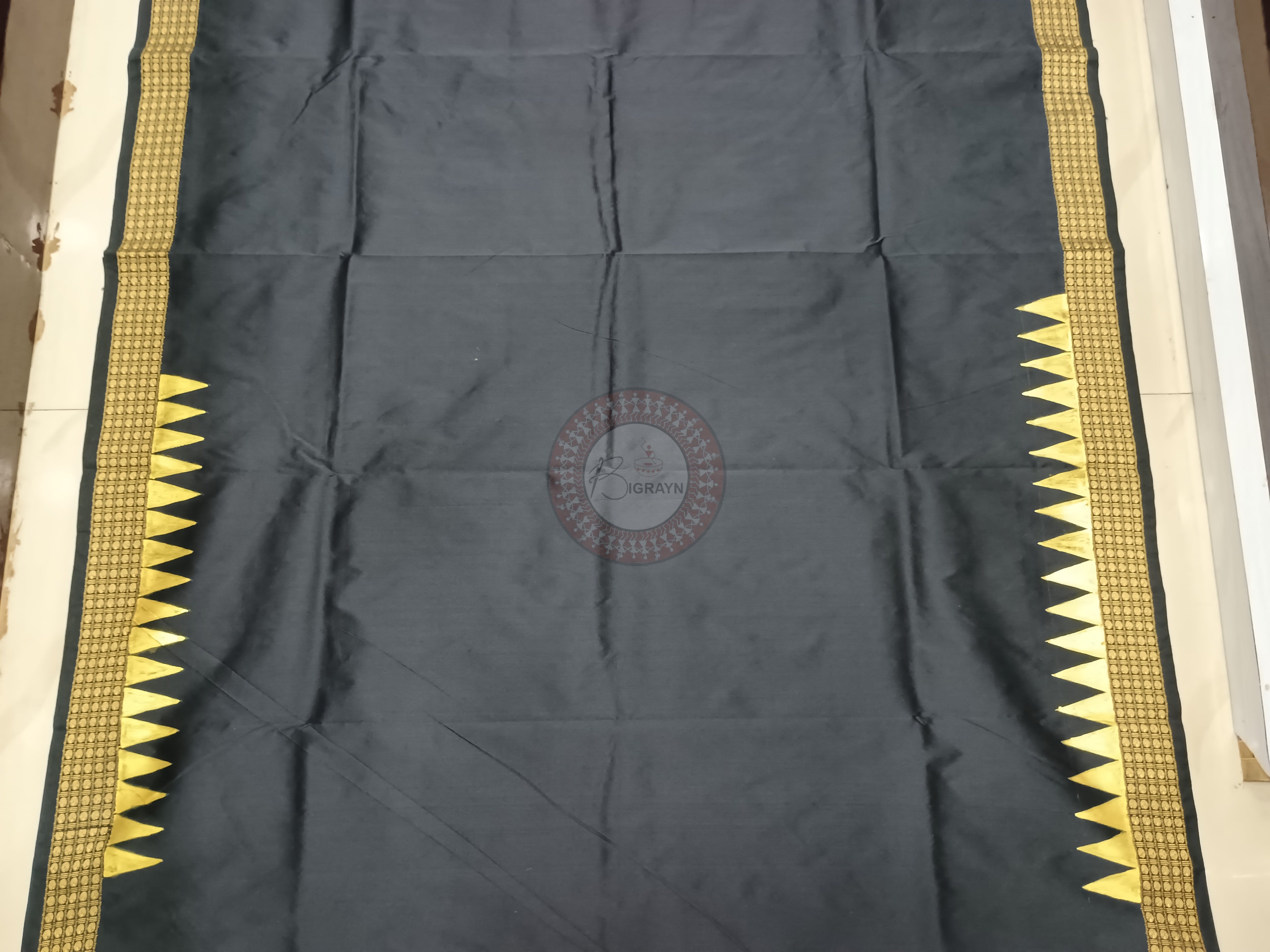 Black Tribal Round Theme Pattachitra Cotton Blended Silk Saree