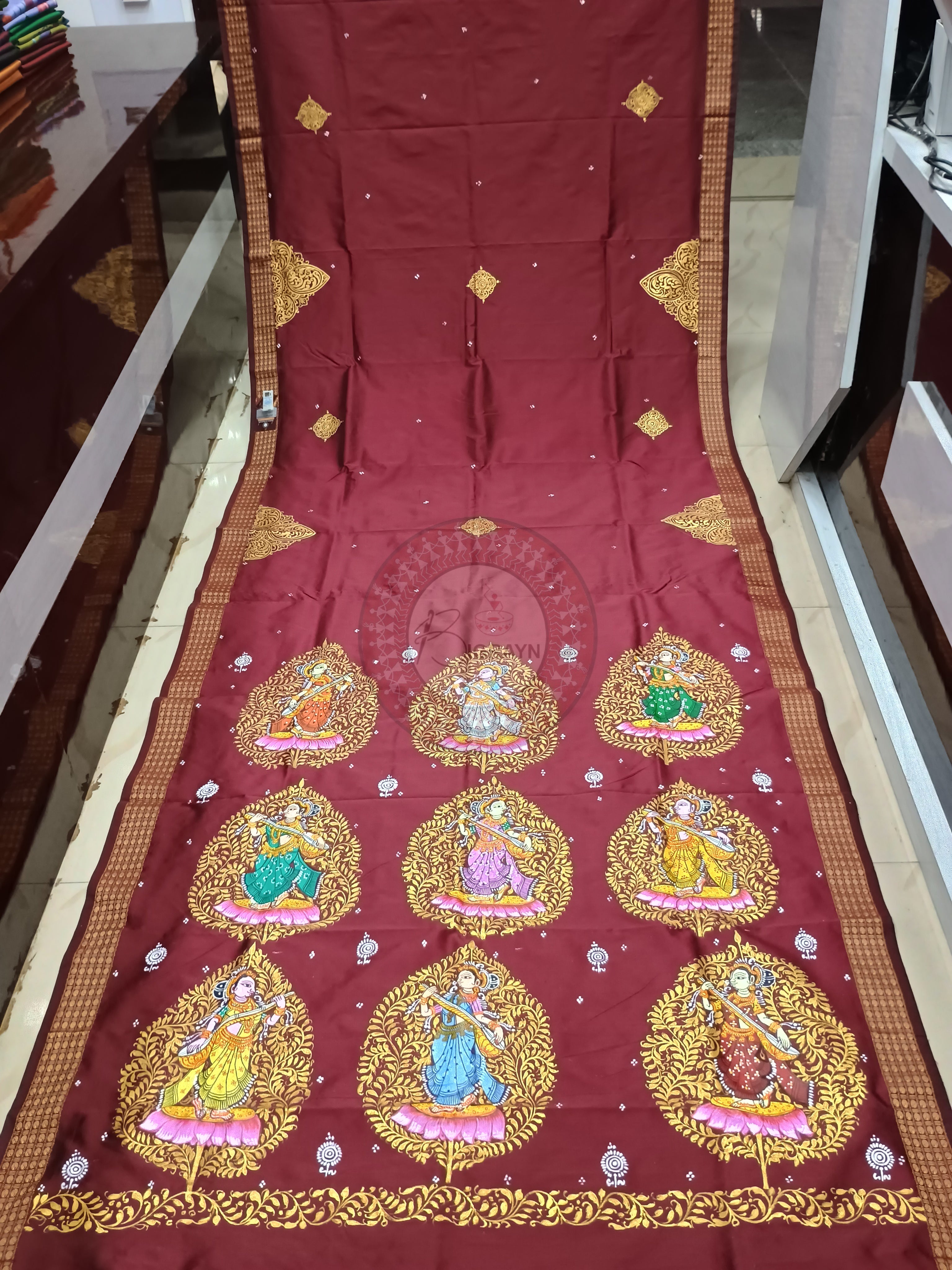Maroon Saraswati Design Pattachitra Cotton Blended Silk Saree