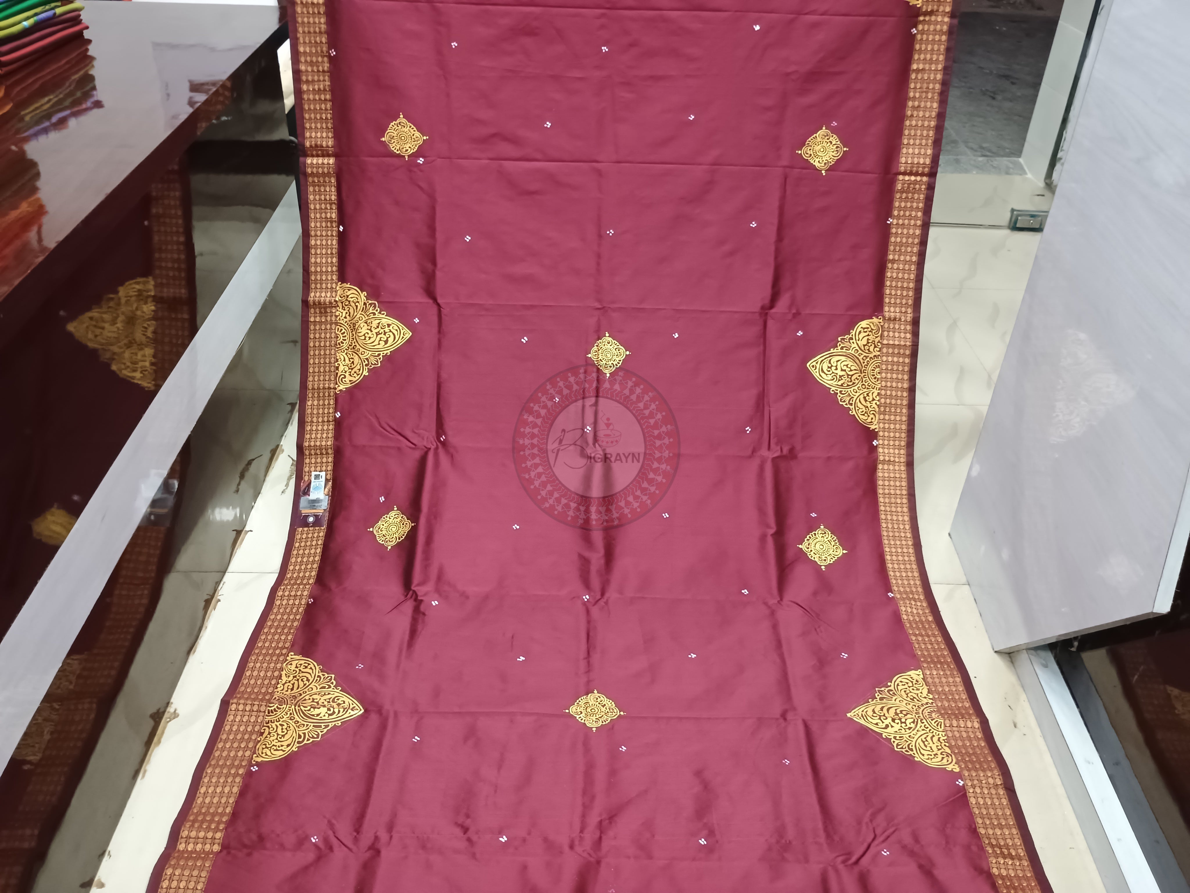 Maroon Saraswati Design Pattachitra Cotton Blended Silk Saree