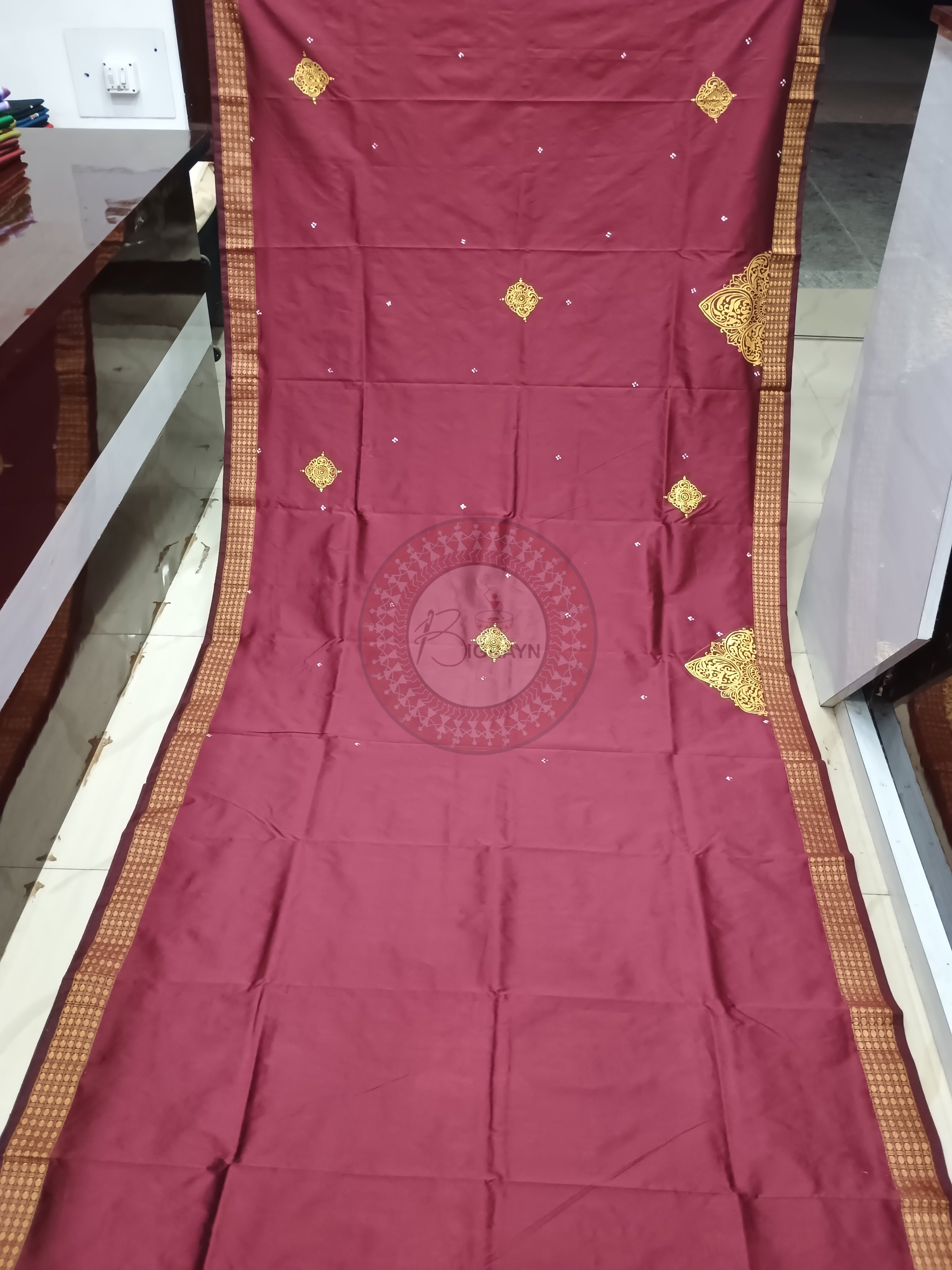 Maroon Saraswati Design Pattachitra Cotton Blended Silk Saree