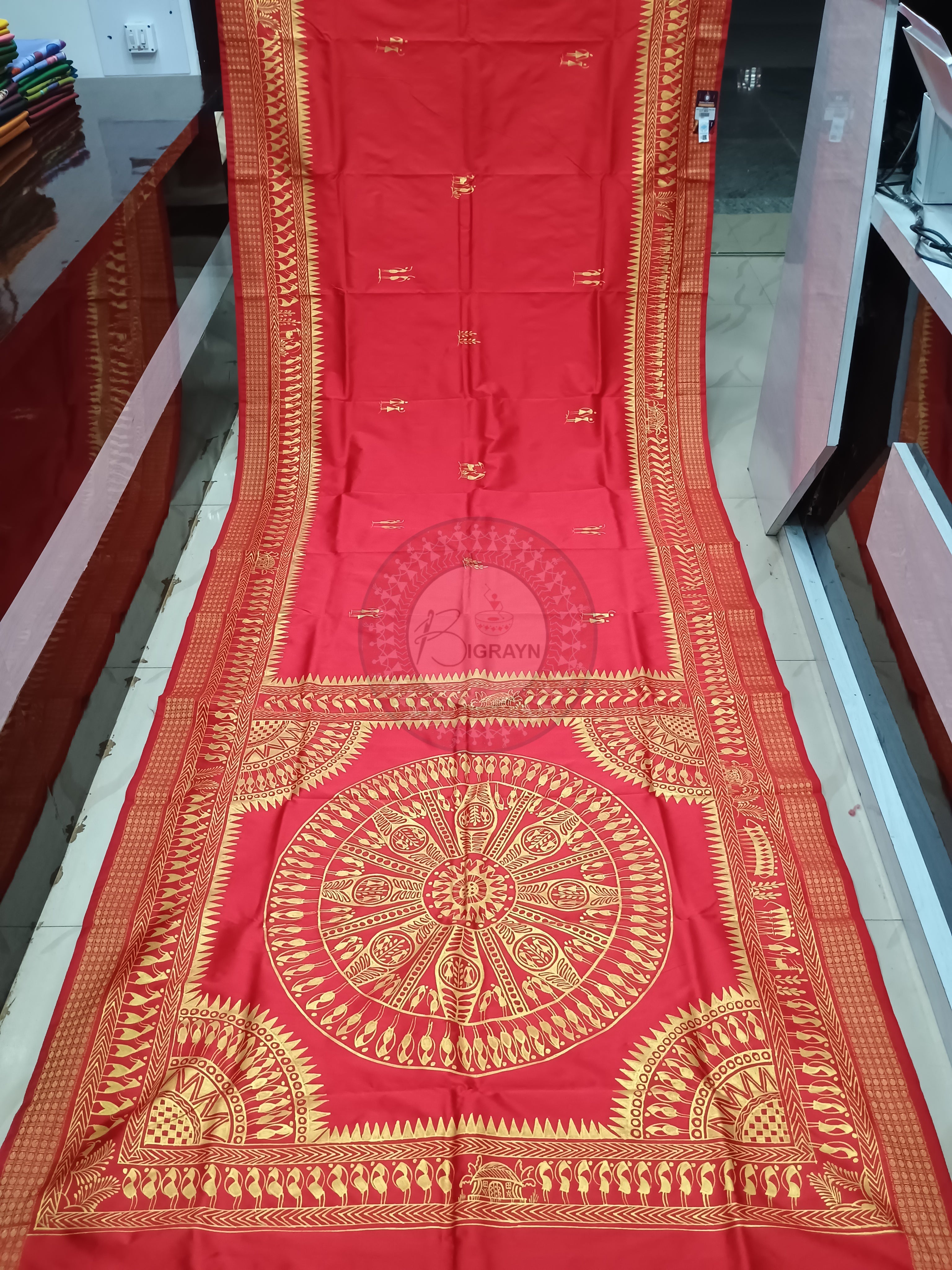 Red Tribal Konark Wheel Theme Pattachitra Cotton Blended Silk Saree