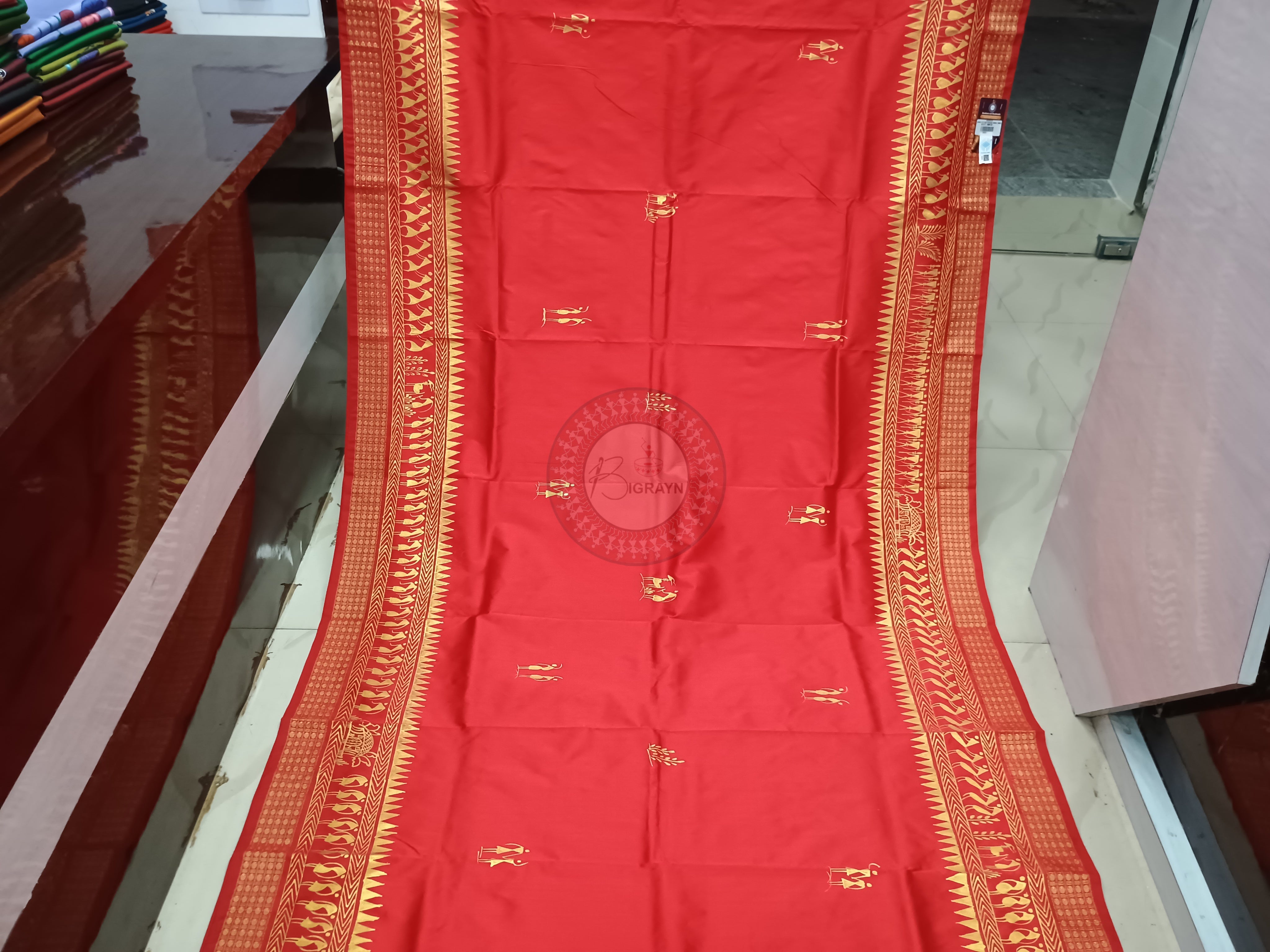 Red Tribal Konark Wheel Theme Pattachitra Cotton Blended Silk Saree
