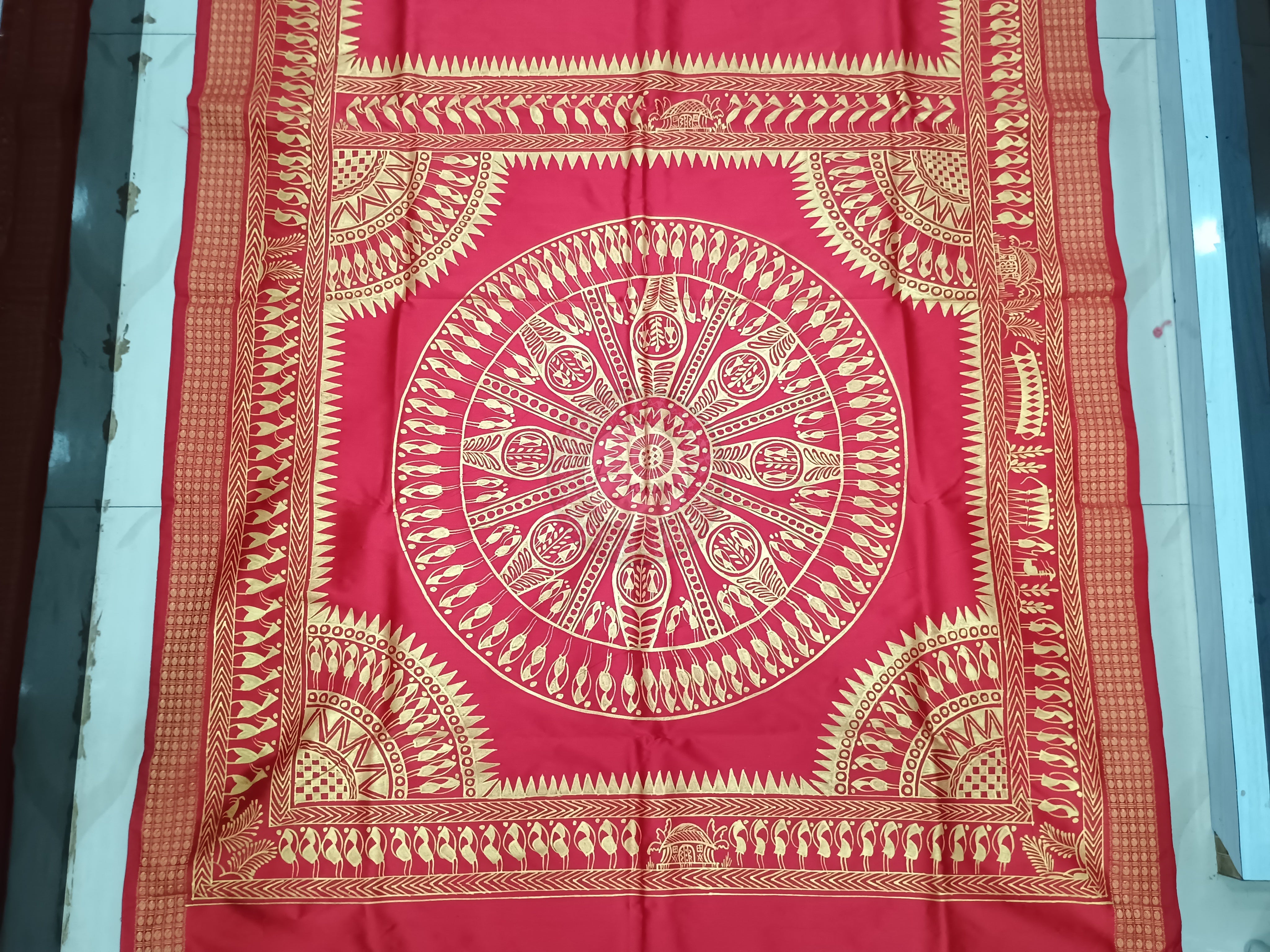 Red Tribal Konark Wheel Theme Pattachitra Cotton Blended Silk Saree