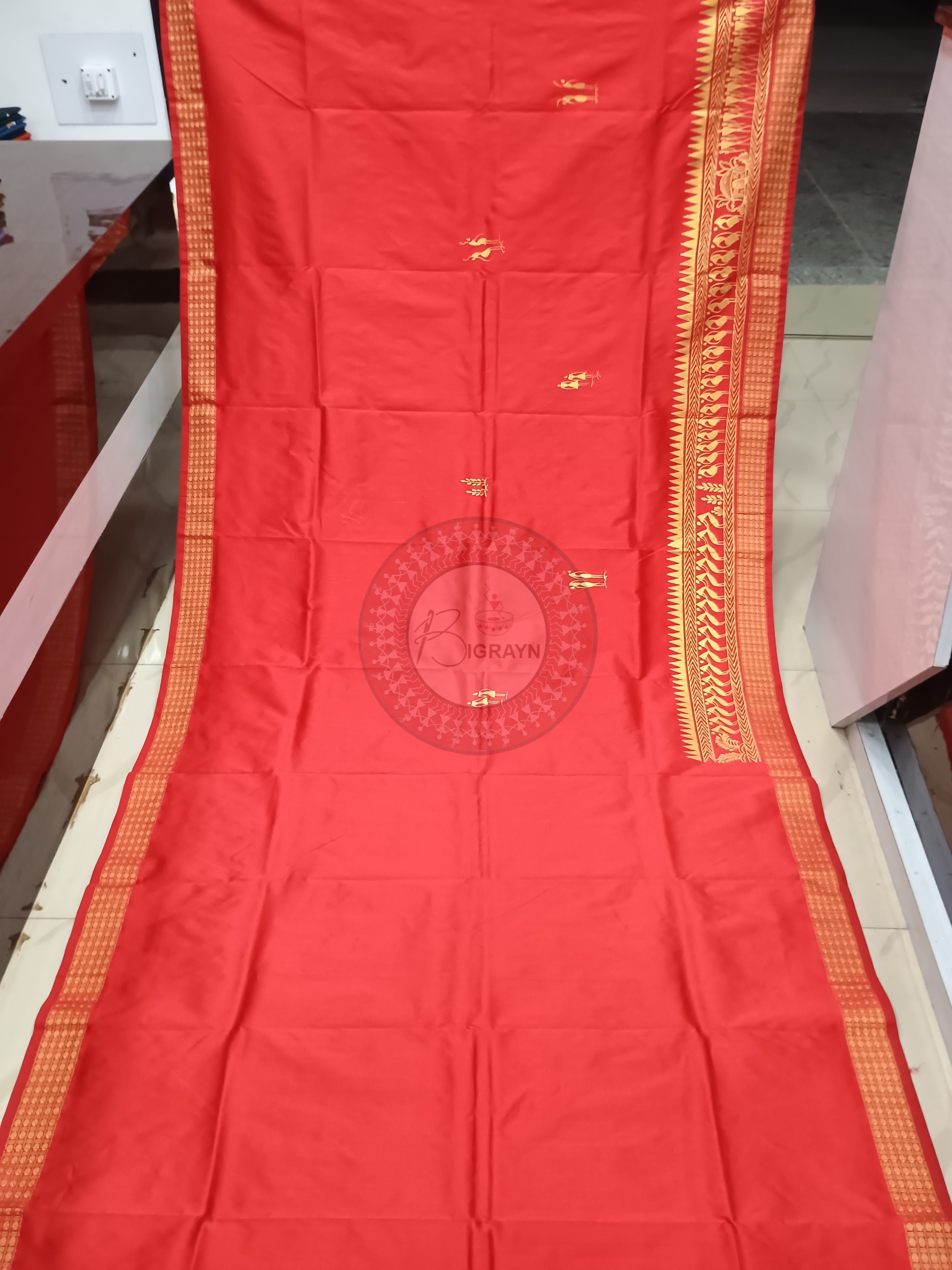 Red Tribal Konark Wheel Theme Pattachitra Cotton Blended Silk Saree