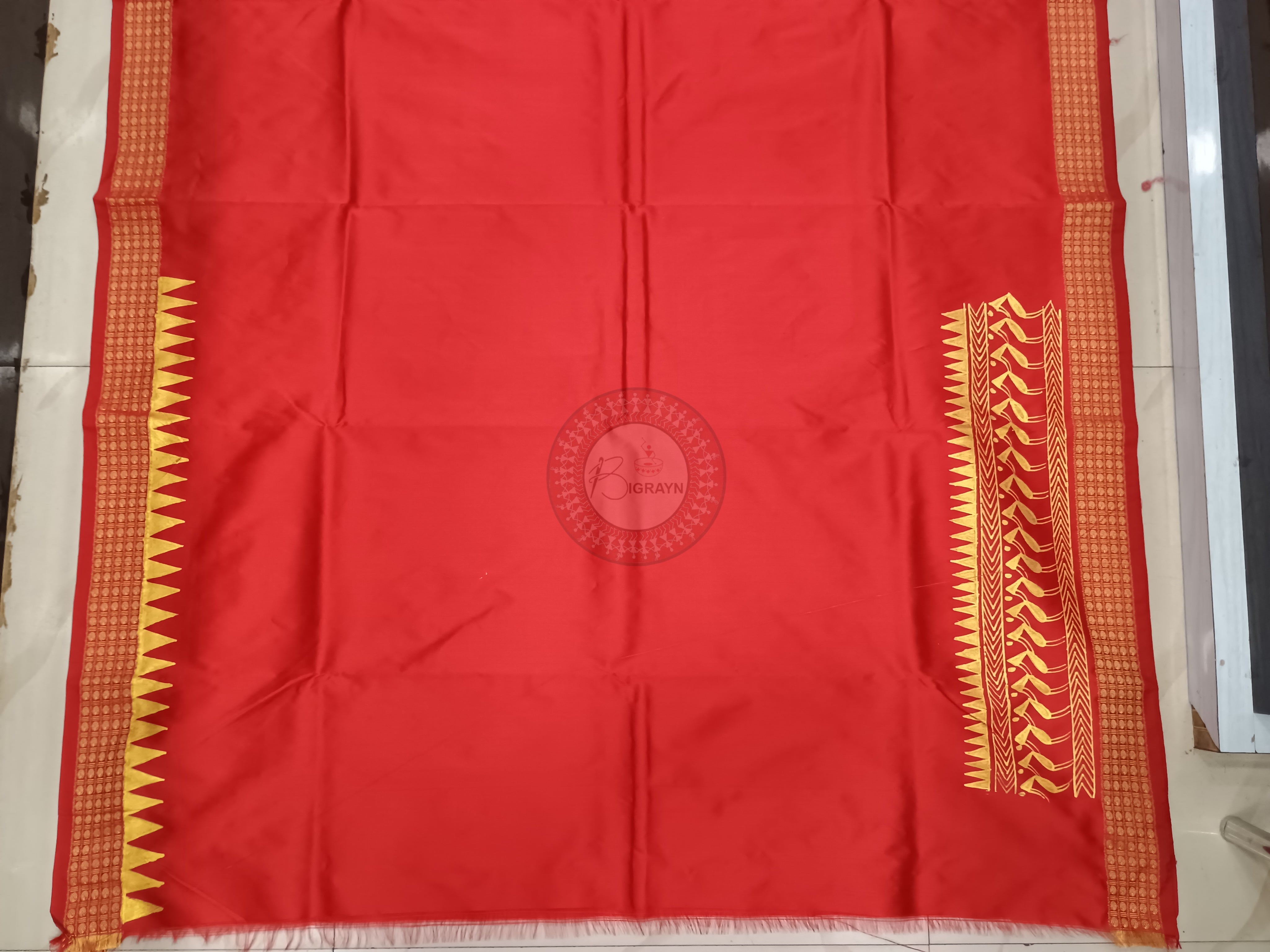 Red Tribal Konark Wheel Theme Pattachitra Cotton Blended Silk Saree