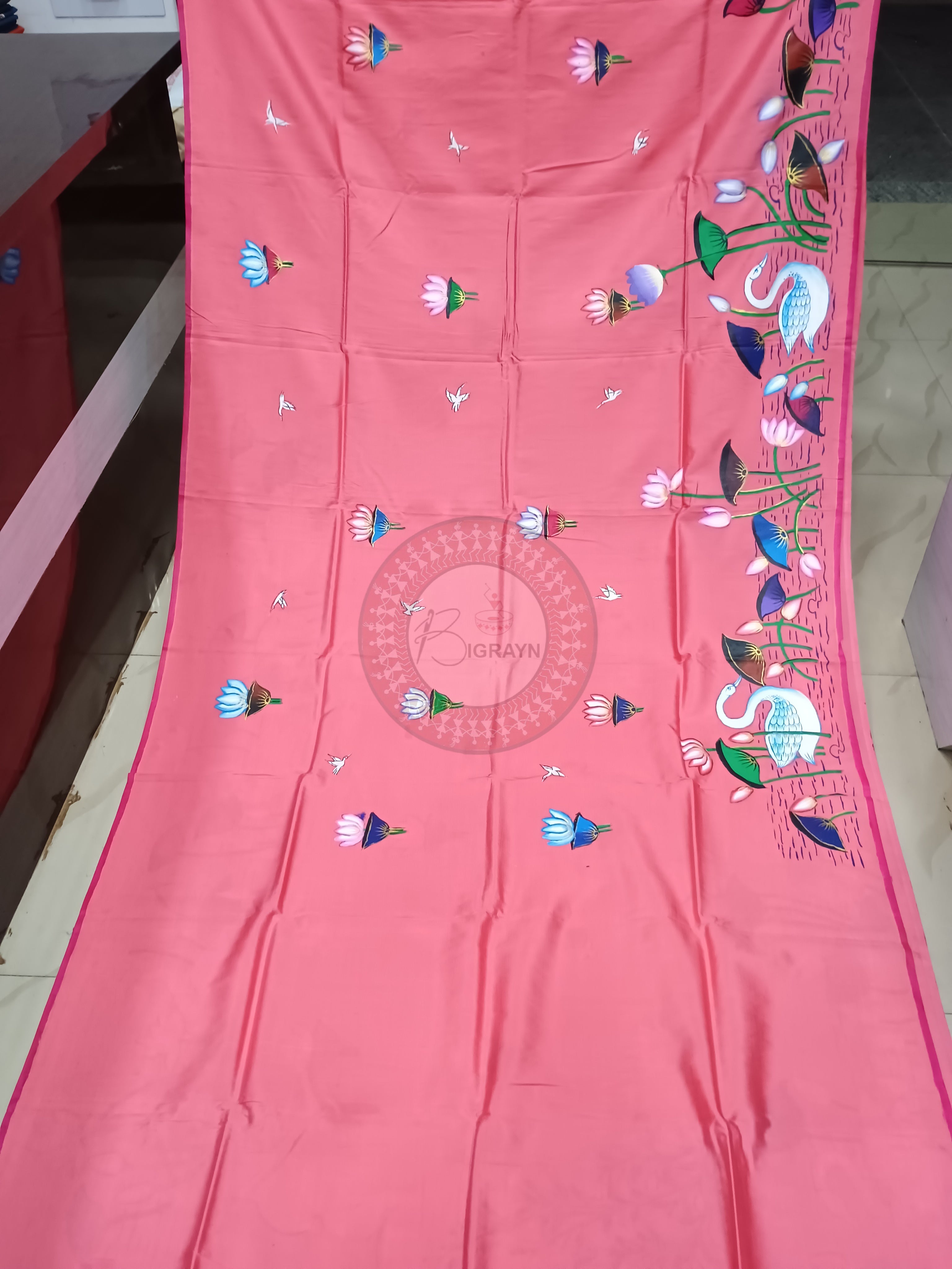 Pastel Pink  Swans & Lotus Design Pattachitra Khadi Silk Saree