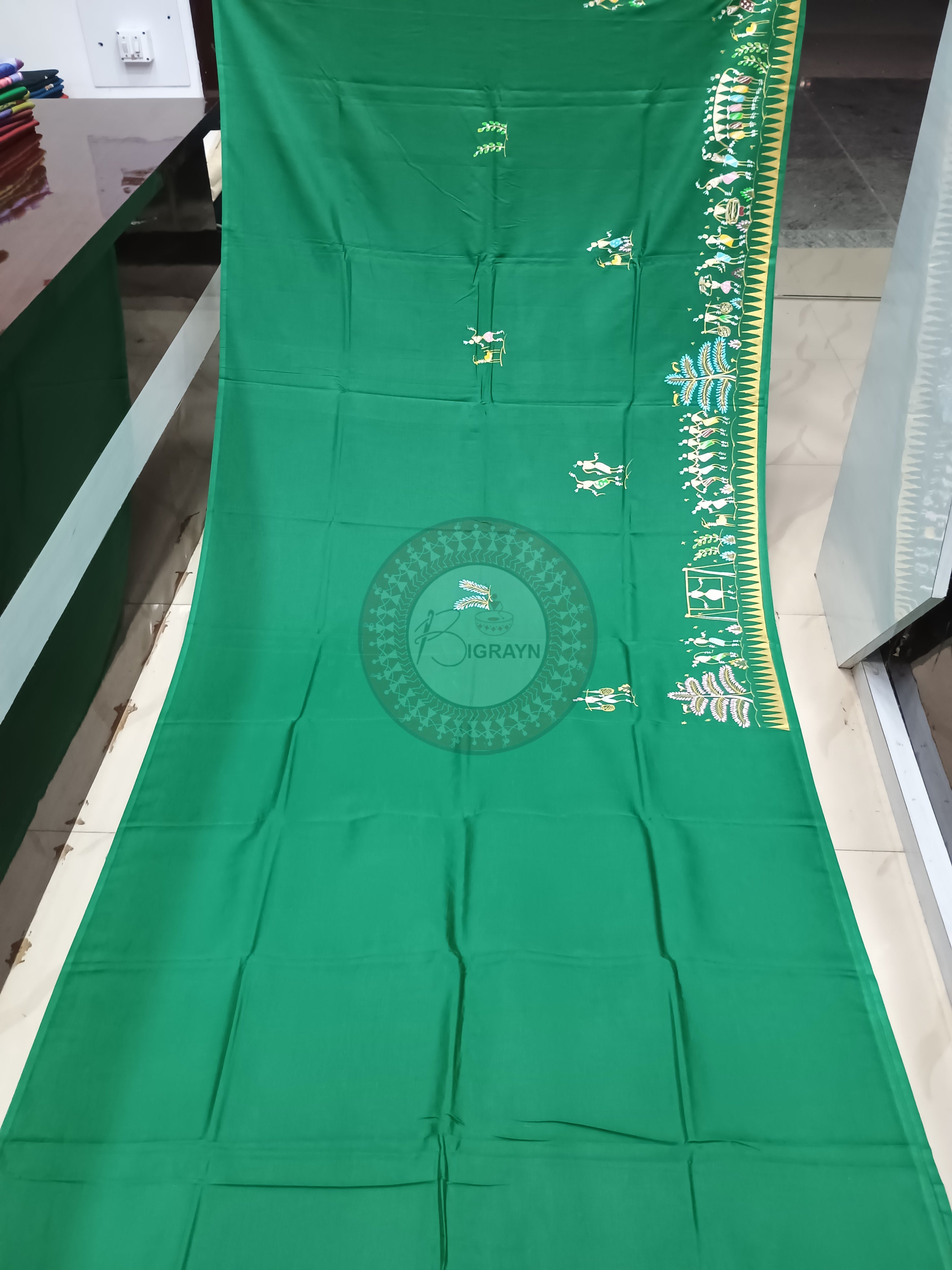 Green Village Tribal Theme Pattachitra Khadi Silk Saree