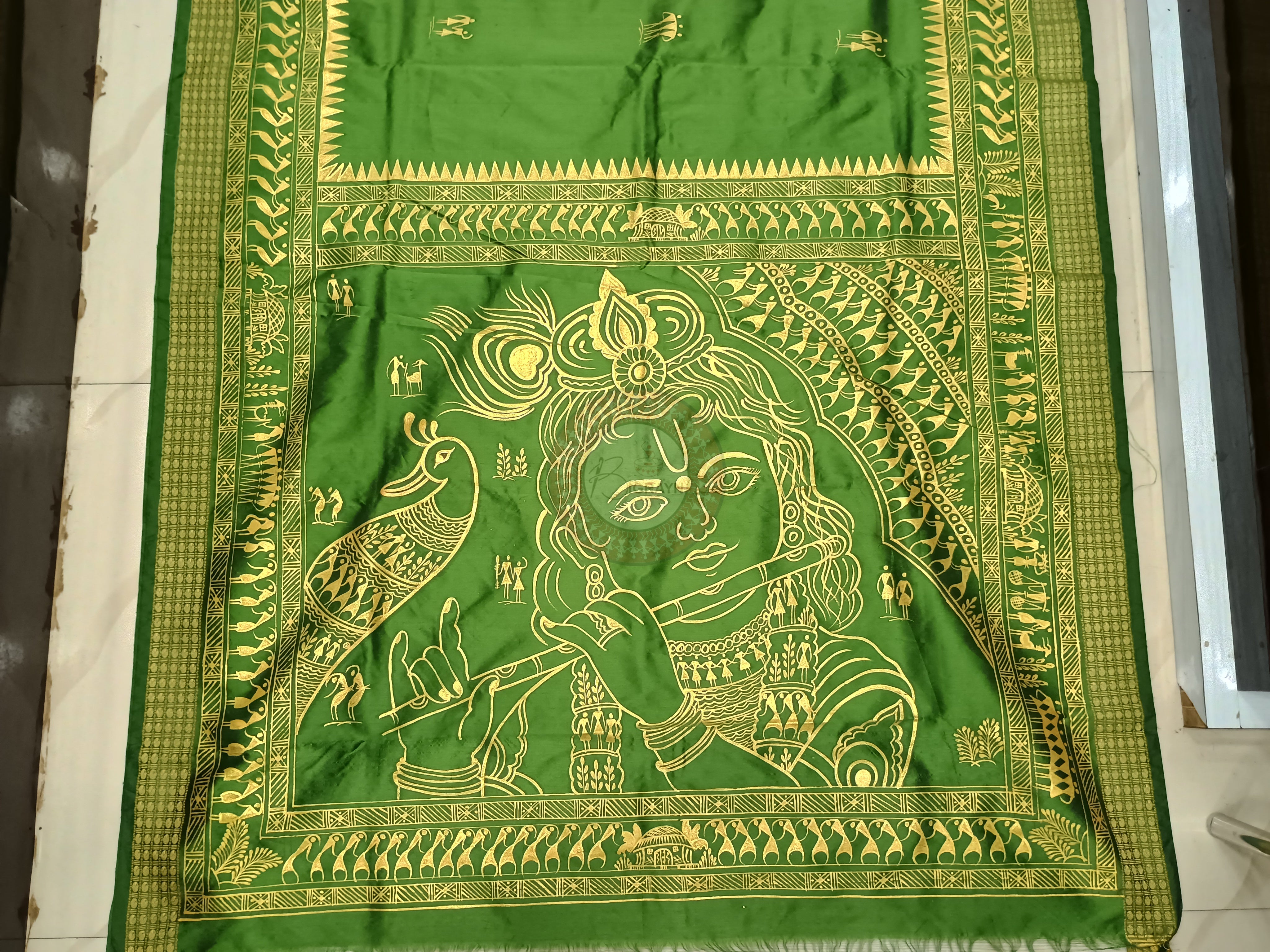 Green Tribal Krishna Theme Pattachitra Cotton Blended Silk