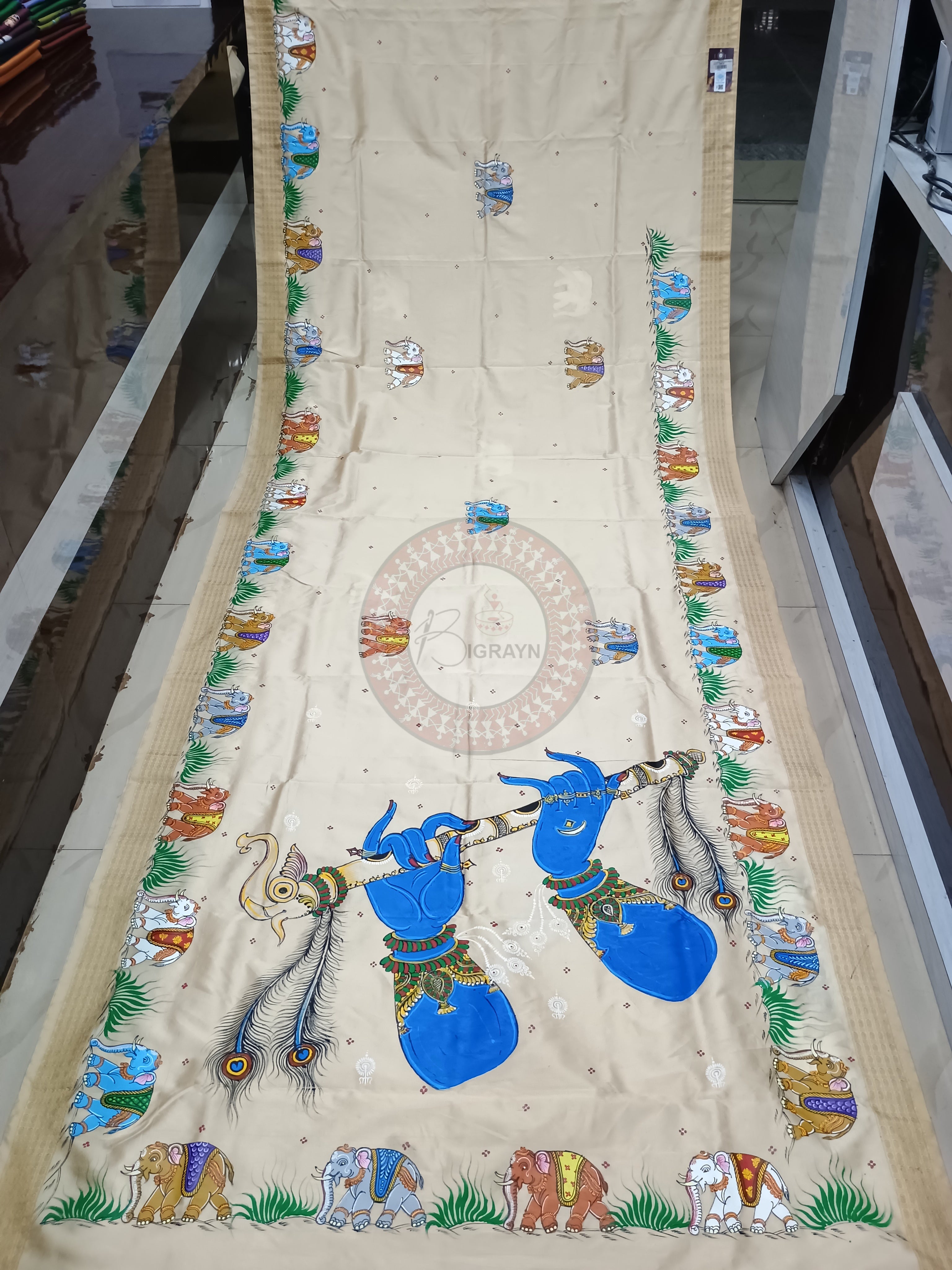 Cream Adrushya Banshi Pattachitra Cotton Blended Silk