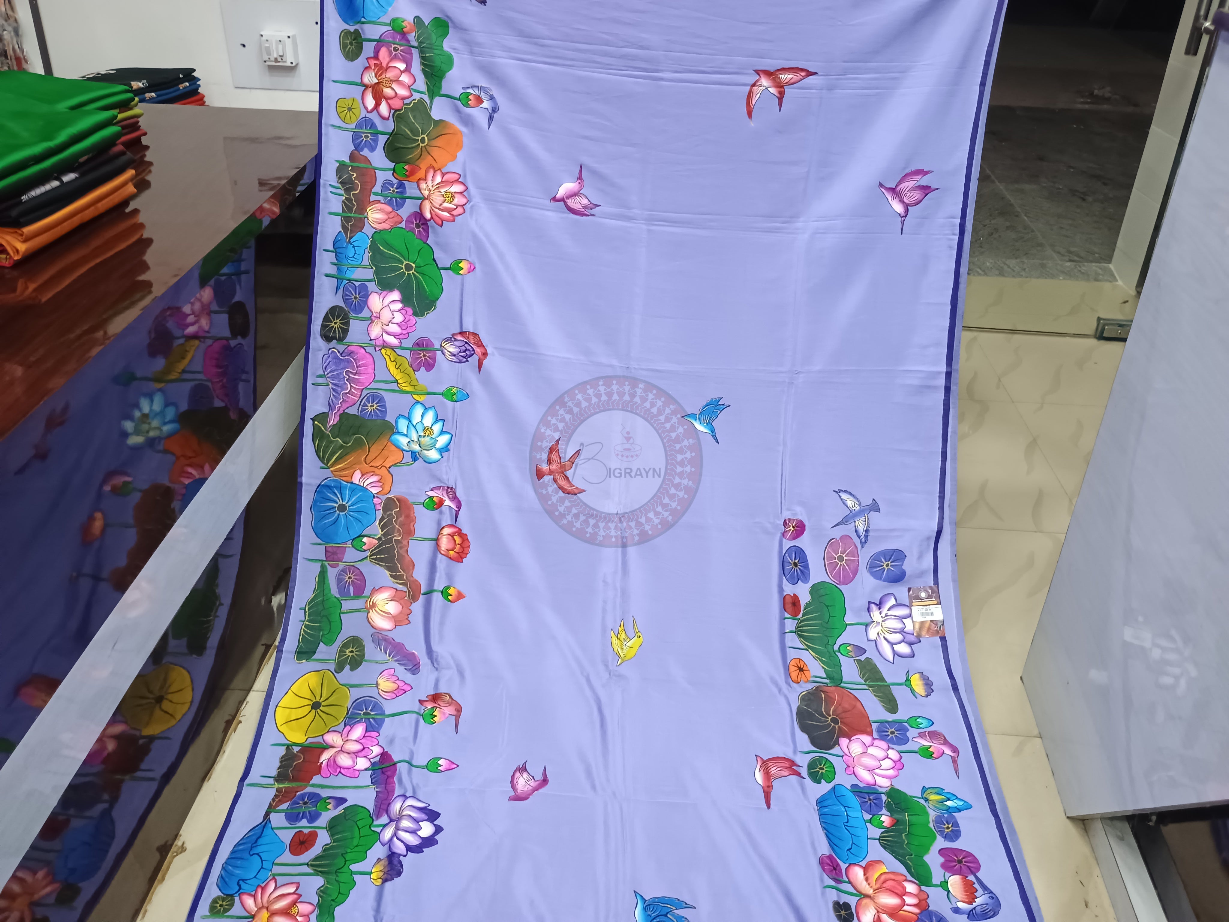 Purple Water Lily Birds Theme Pattachitra Khadi Silk Saree