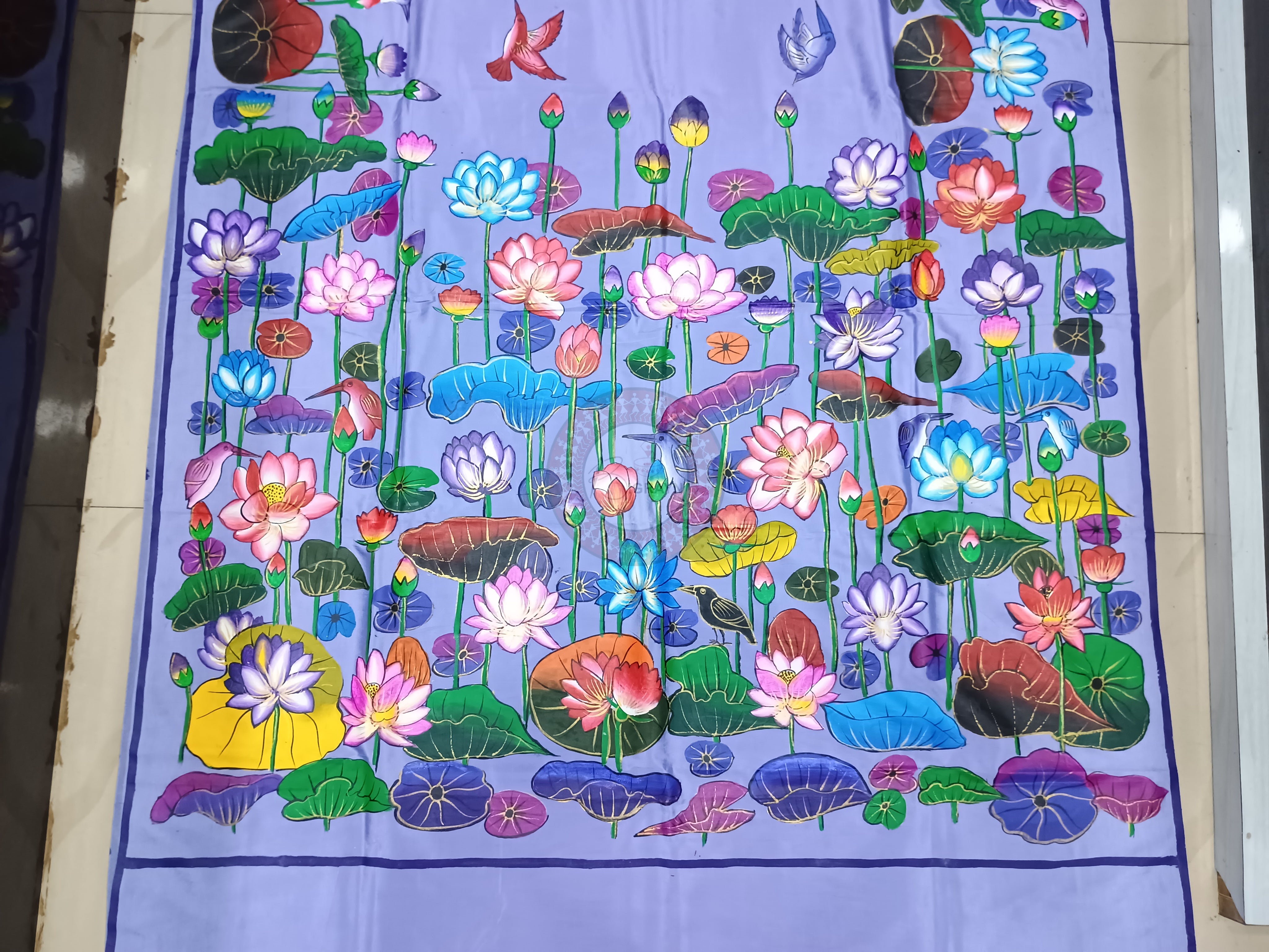 Purple Water Lily Birds Theme Pattachitra Khadi Silk Saree