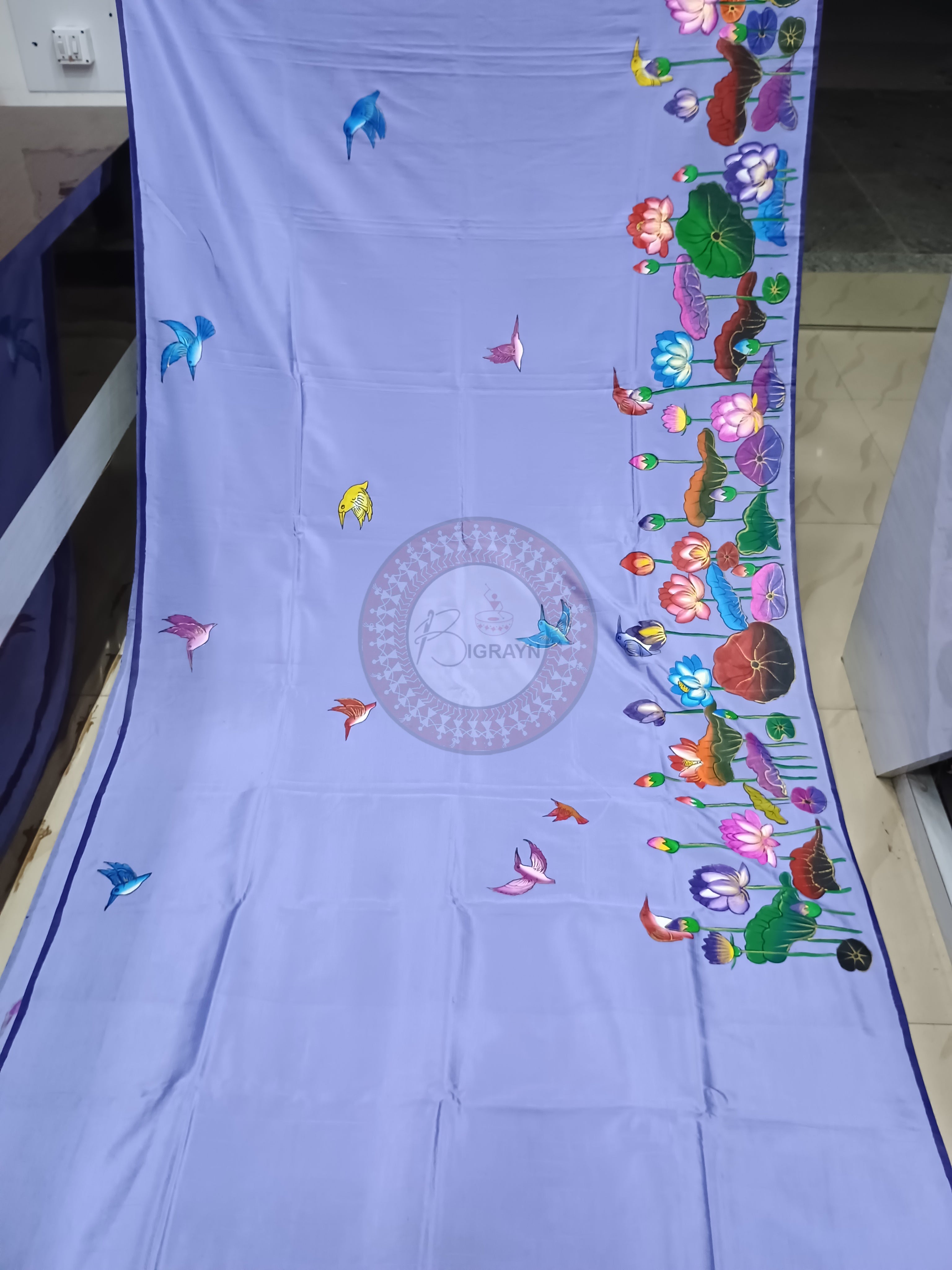 Purple Water Lily Birds Theme Pattachitra Khadi Silk Saree
