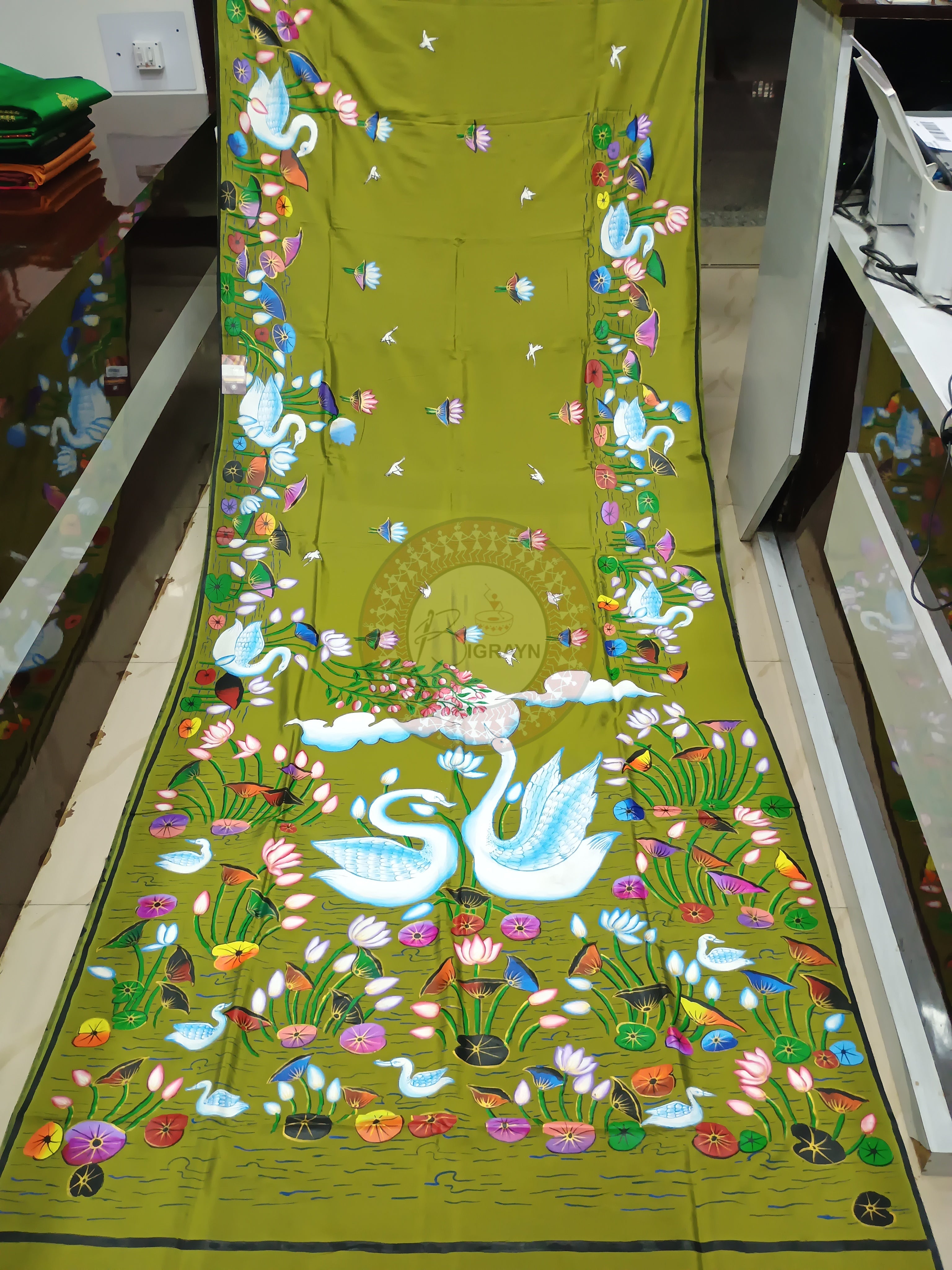Mehendi Water Lily pattachitra Khadi Silk Saree
