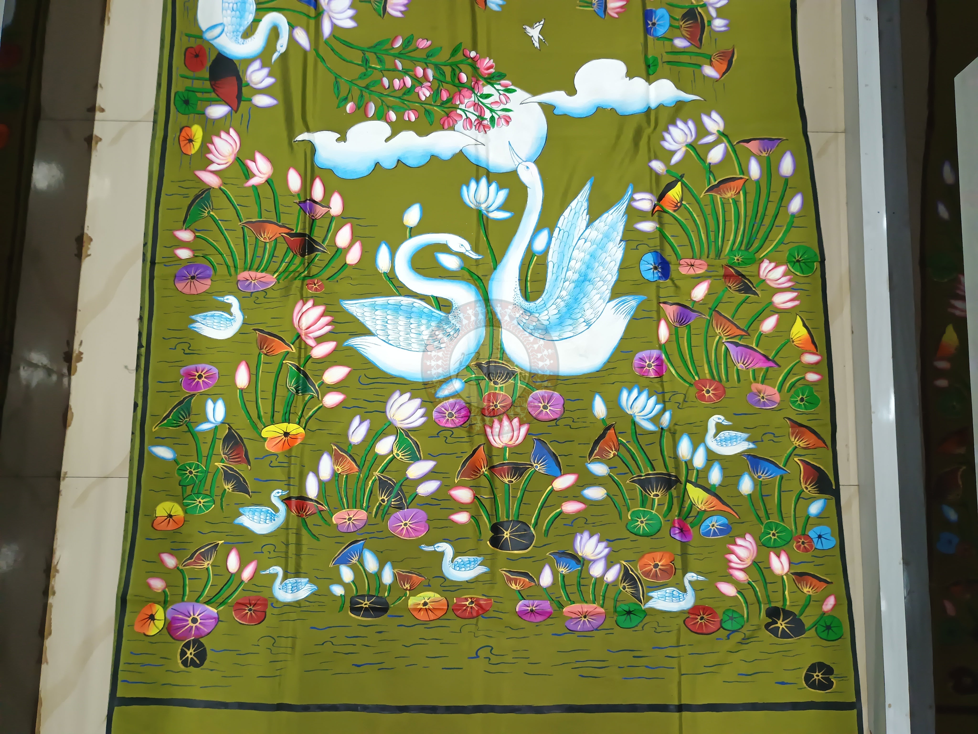 Mehendi Water Lily pattachitra Khadi Silk Saree