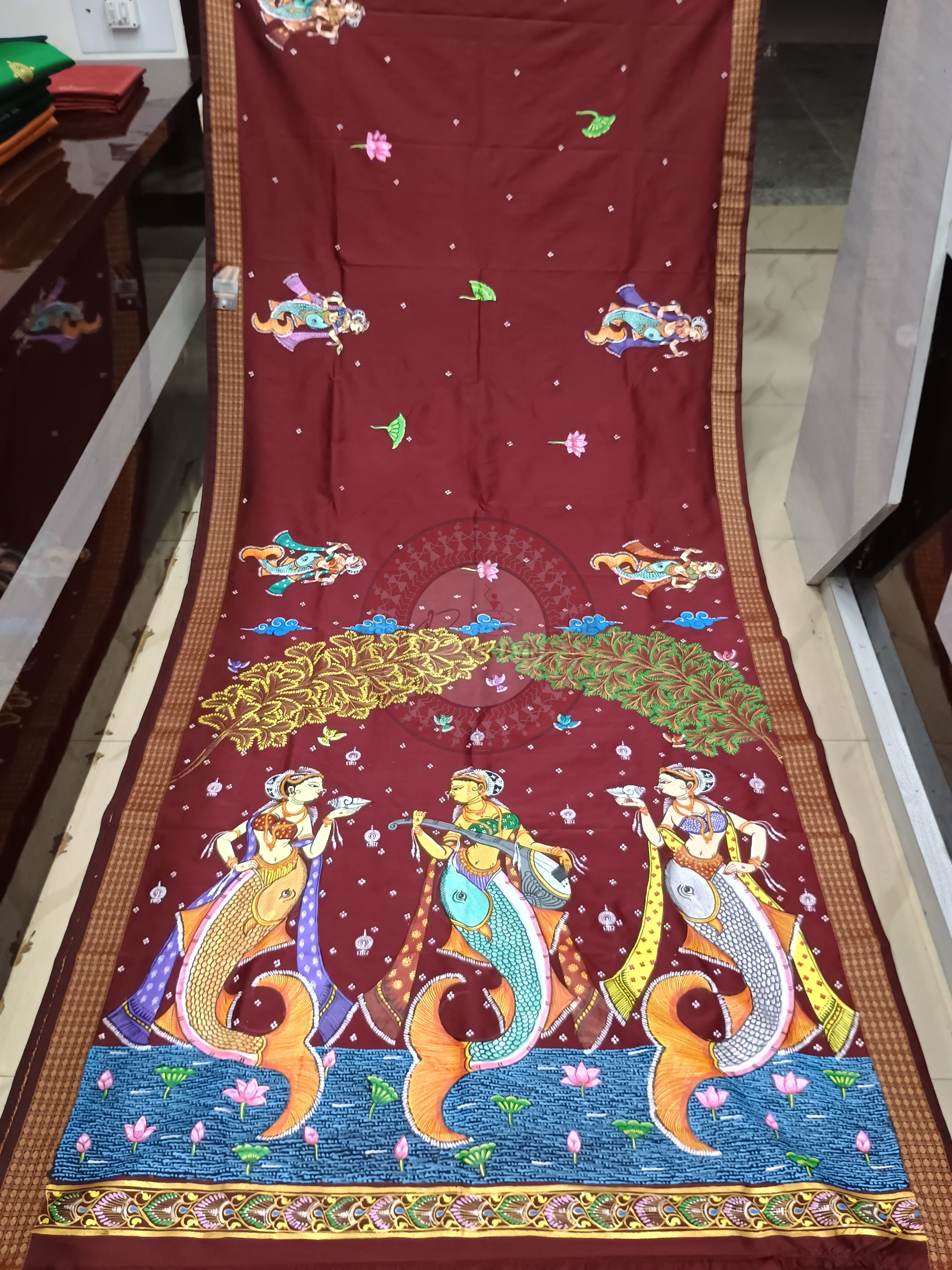 Maroon Matsyakanya Theme Pattachitra Cotton Blended Silk Saree