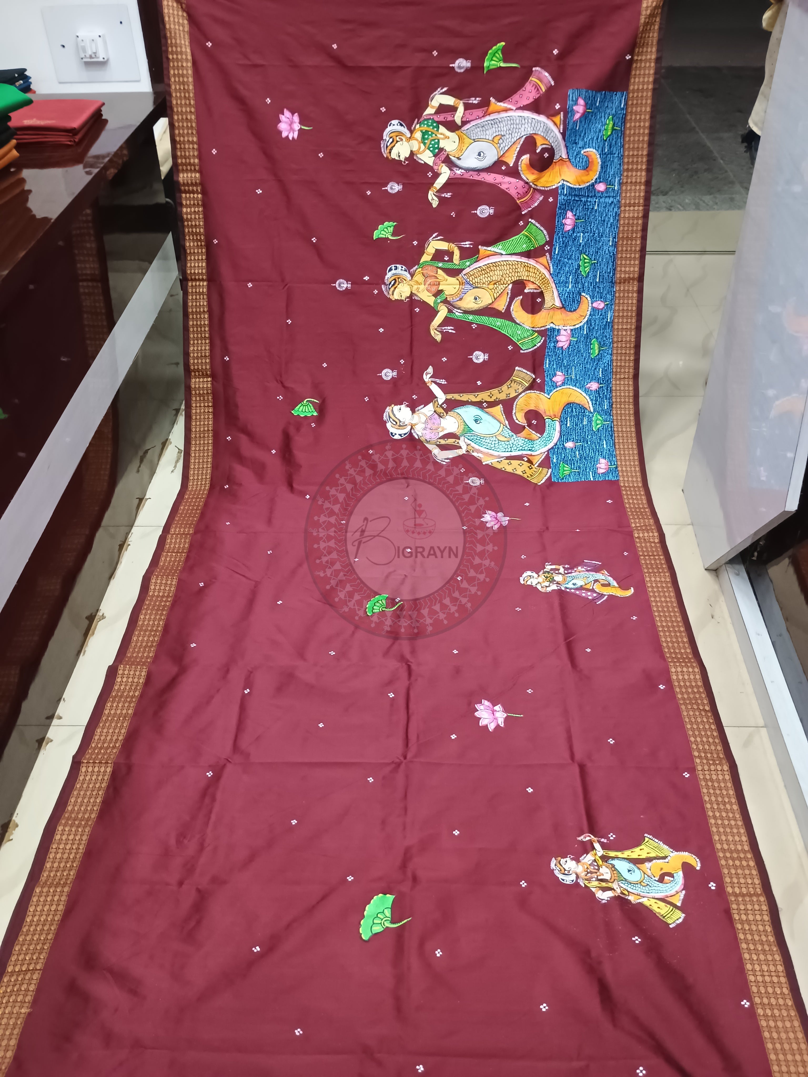 Maroon Matsyakanya Theme Pattachitra Cotton Blended Silk Saree