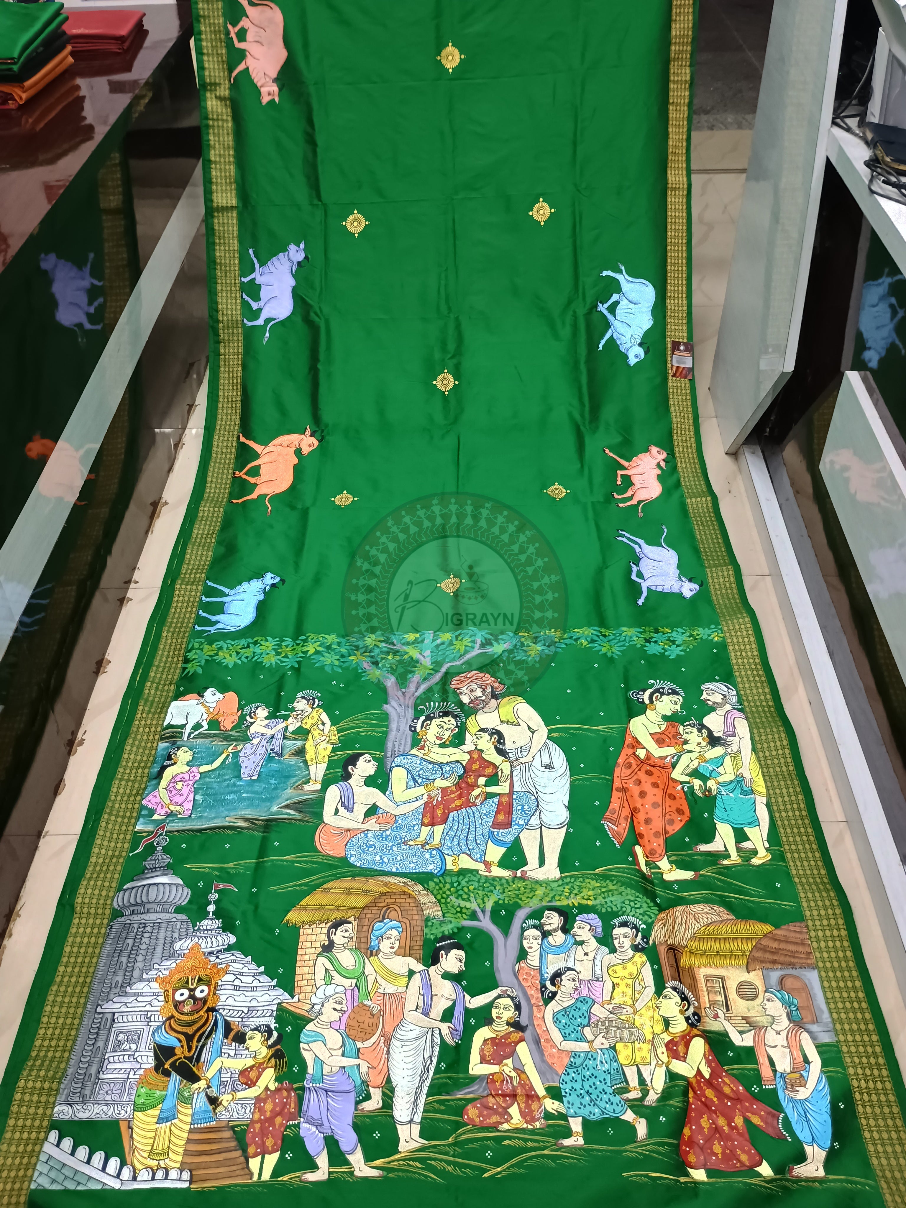 Green Malatipatapur Rakhi Story Pattachitra Silk Saree