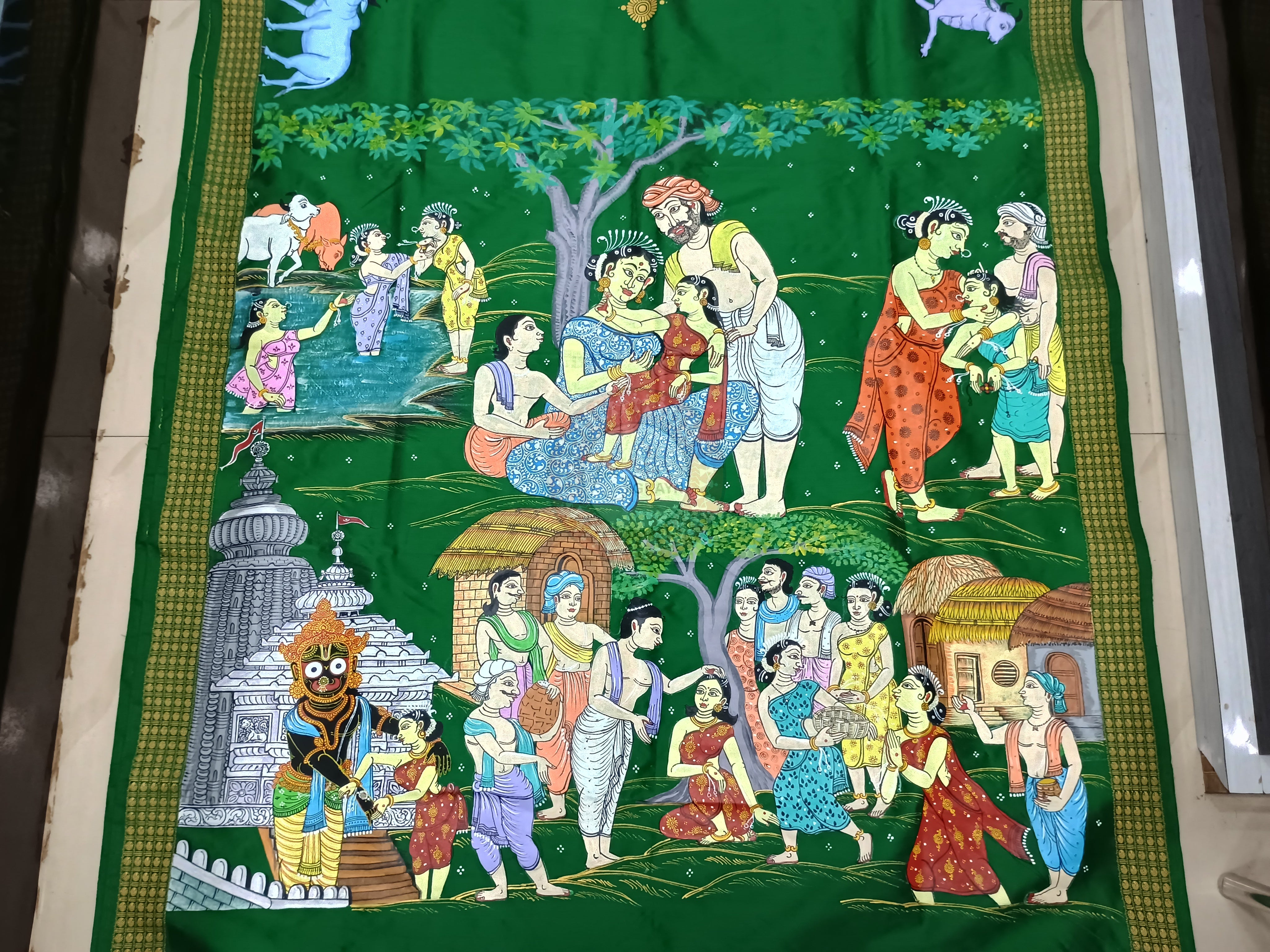 Green Malatipatapur Rakhi Story Pattachitra Silk Saree