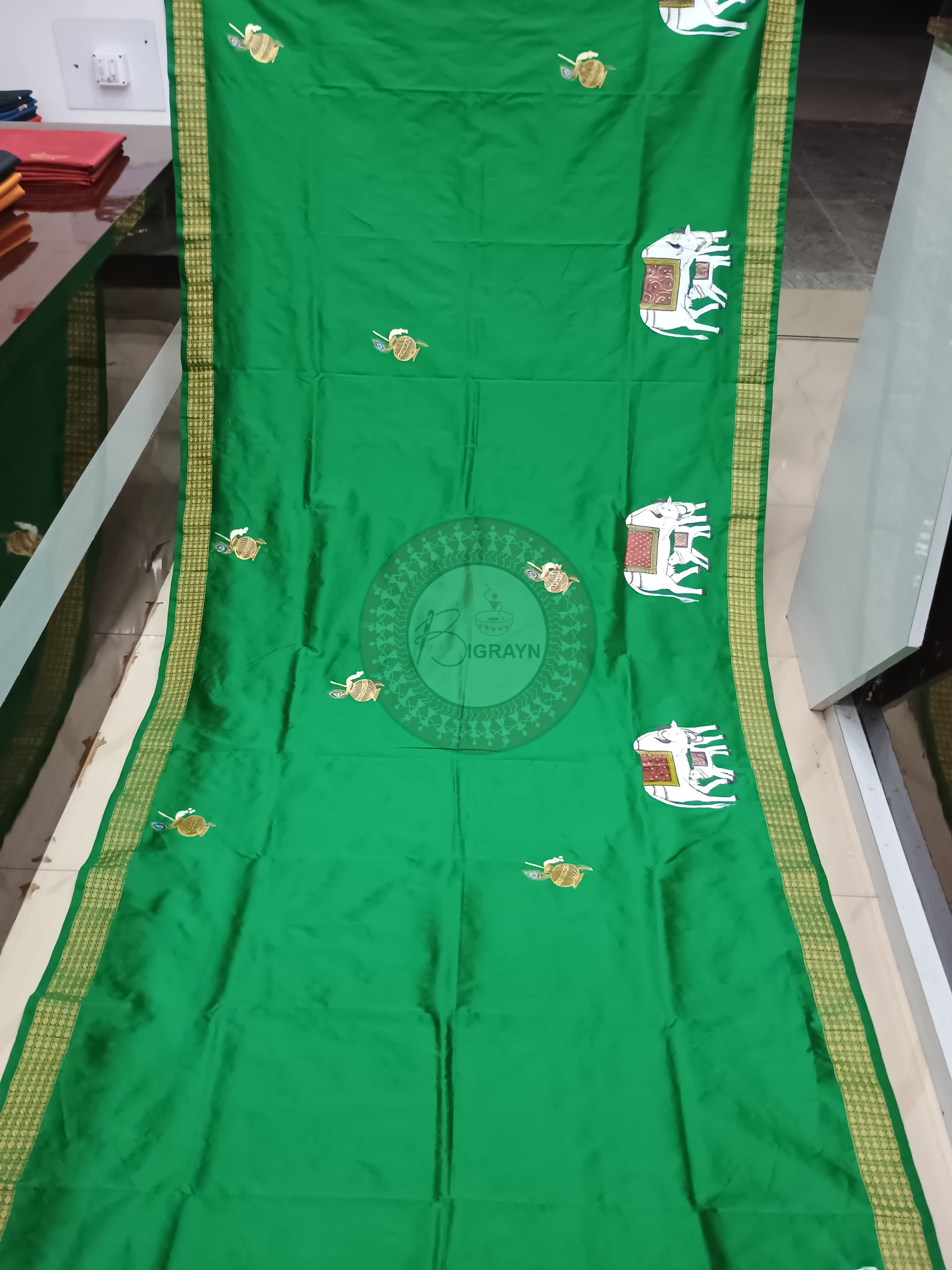 Green Kamadhenu Theme Pattachitra Cotton Blended Silk Saree