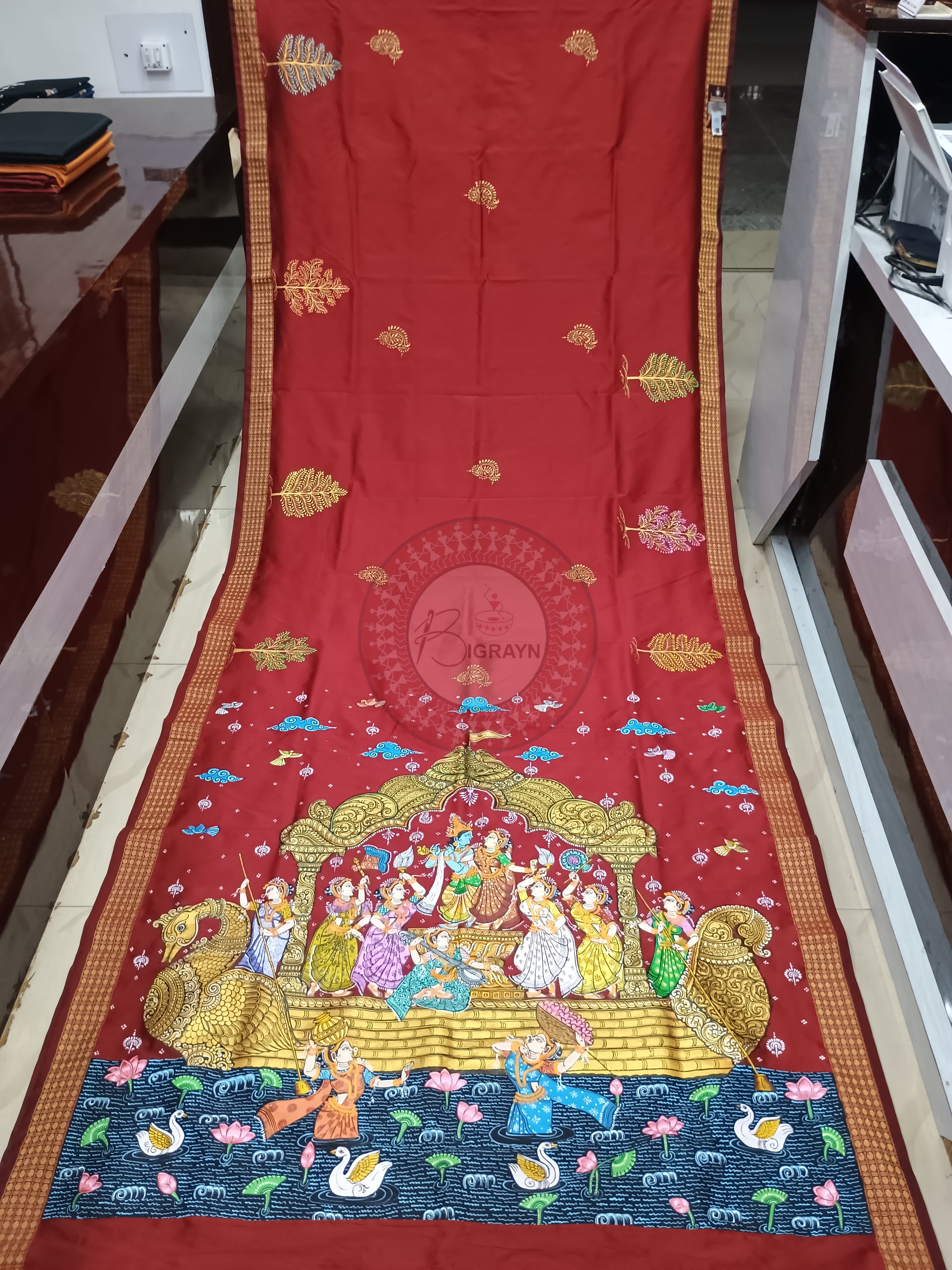 Maroon Boita Radha Krishna Rasa Theme Pattachitra Cotton Blended Silk Saree