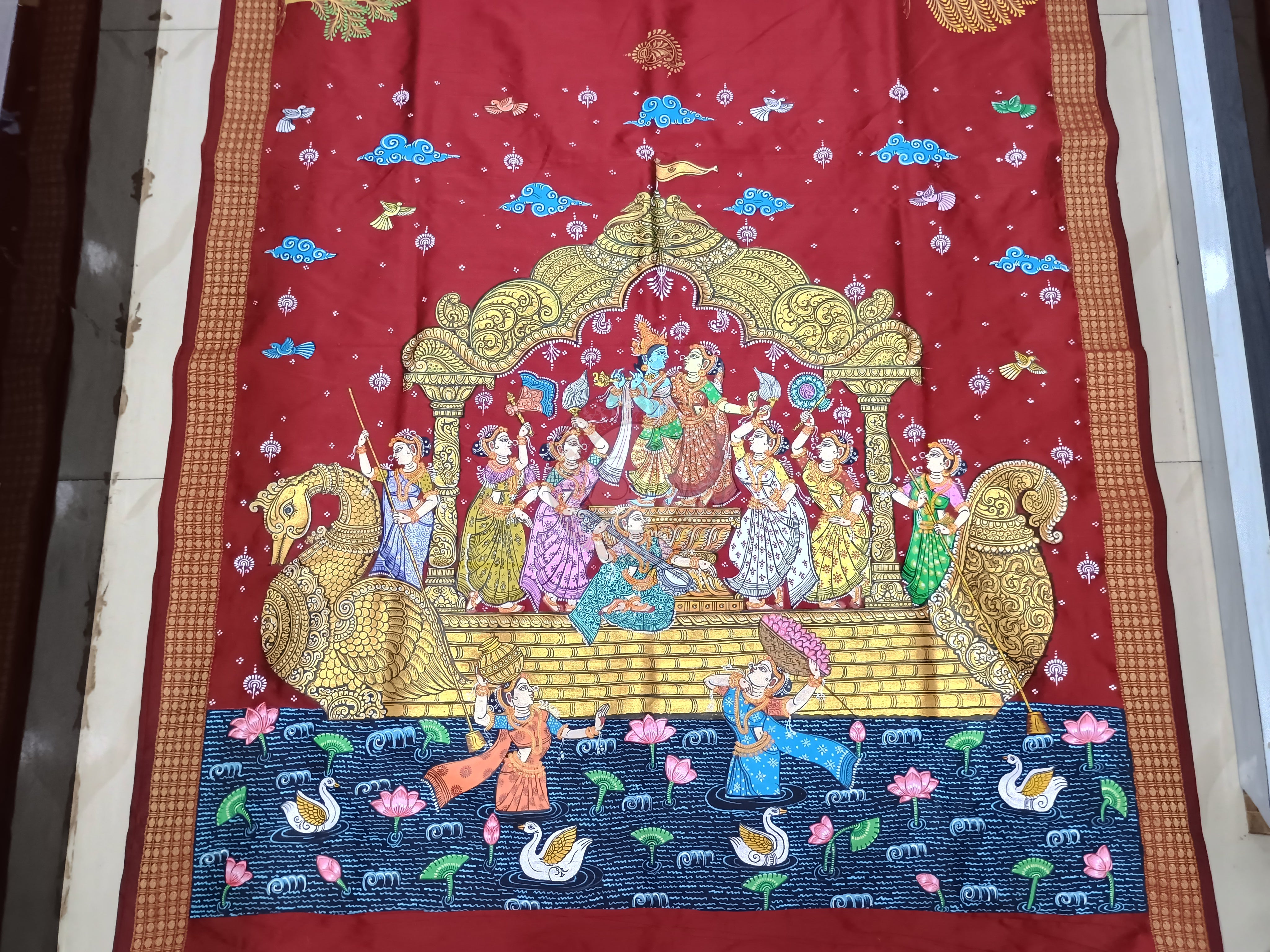 Maroon Boita Radha Krishna Rasa Theme Pattachitra Cotton Blended Silk Saree