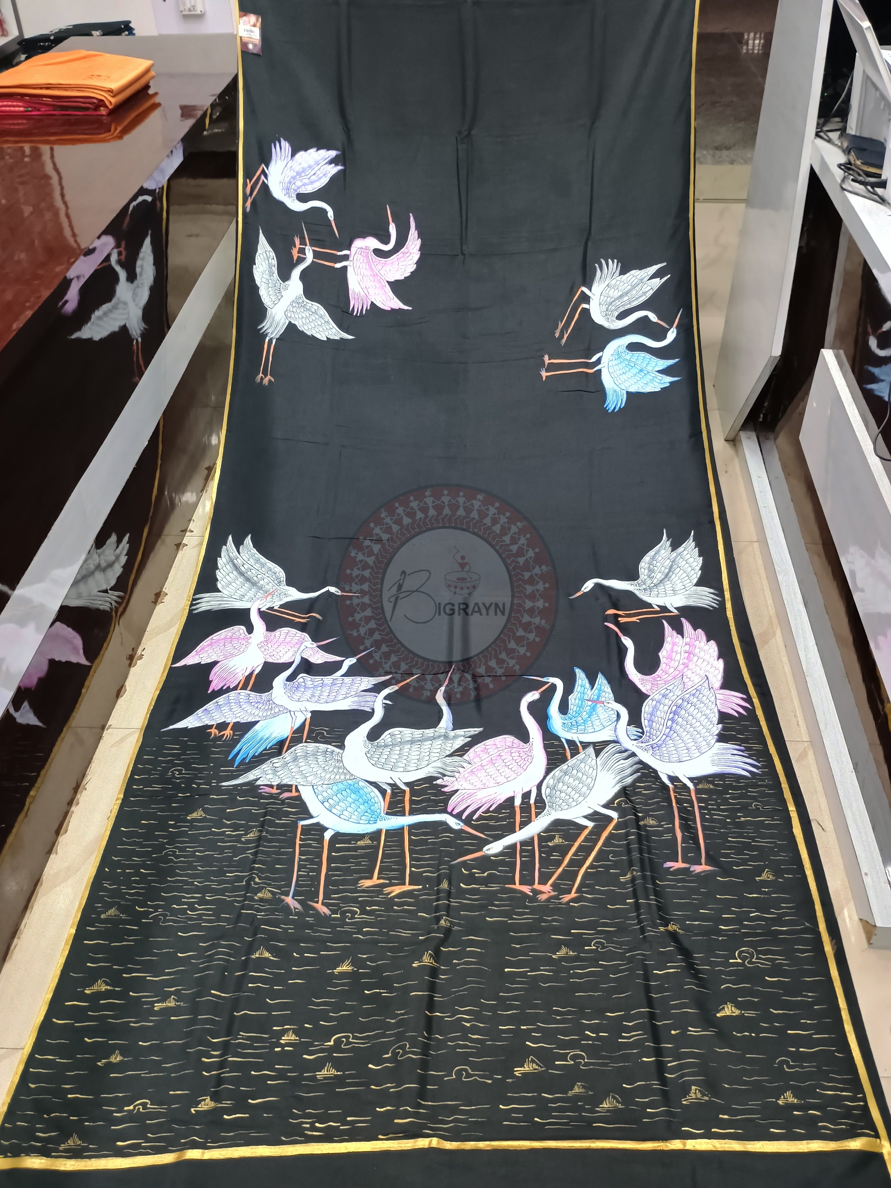 Black Flamingo Theme Pattachitra Khadi Silk Saree