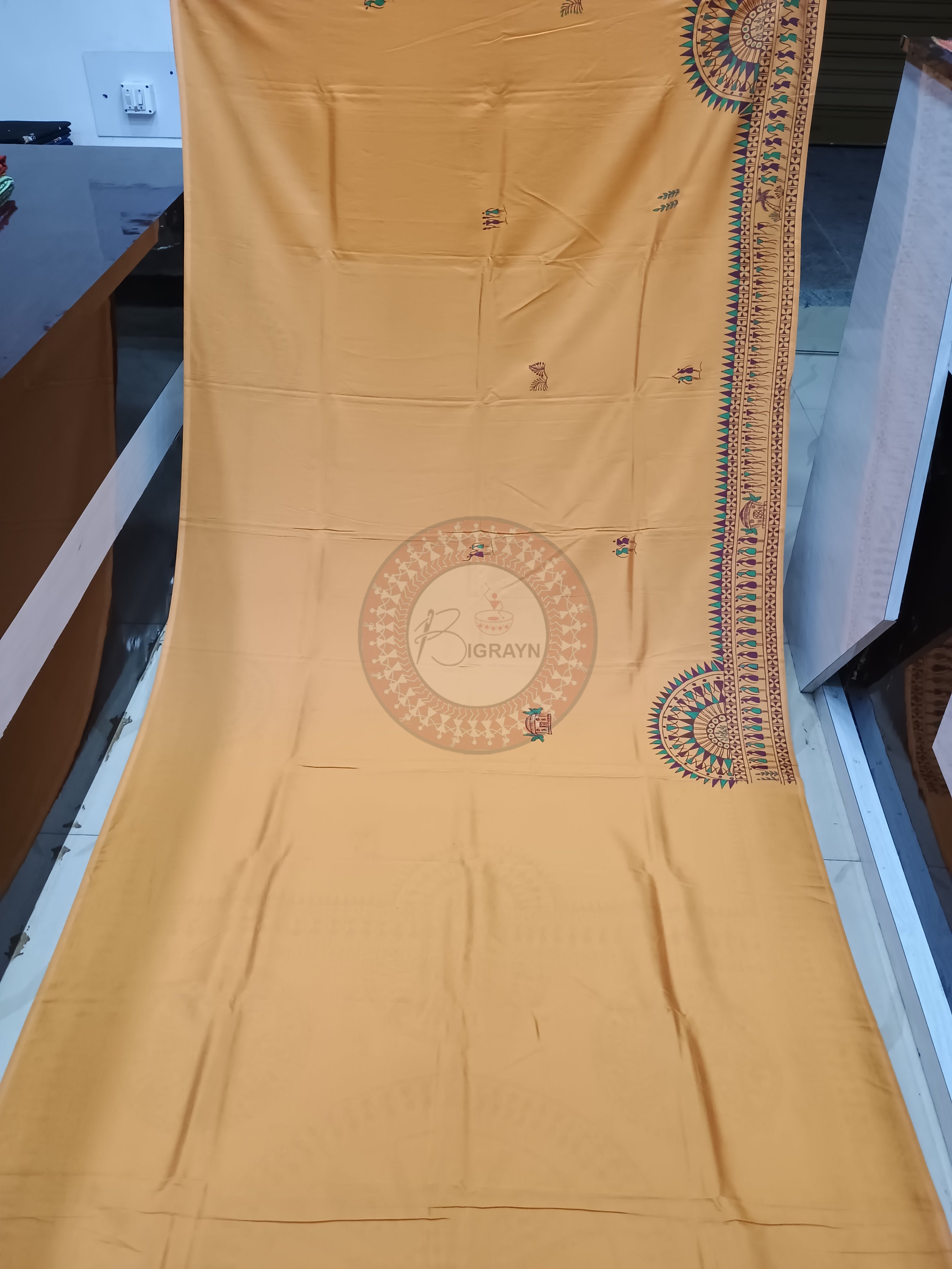 Mustard Yellow Konark Chakra Tribal Pattachitra Khadi Silk Saree