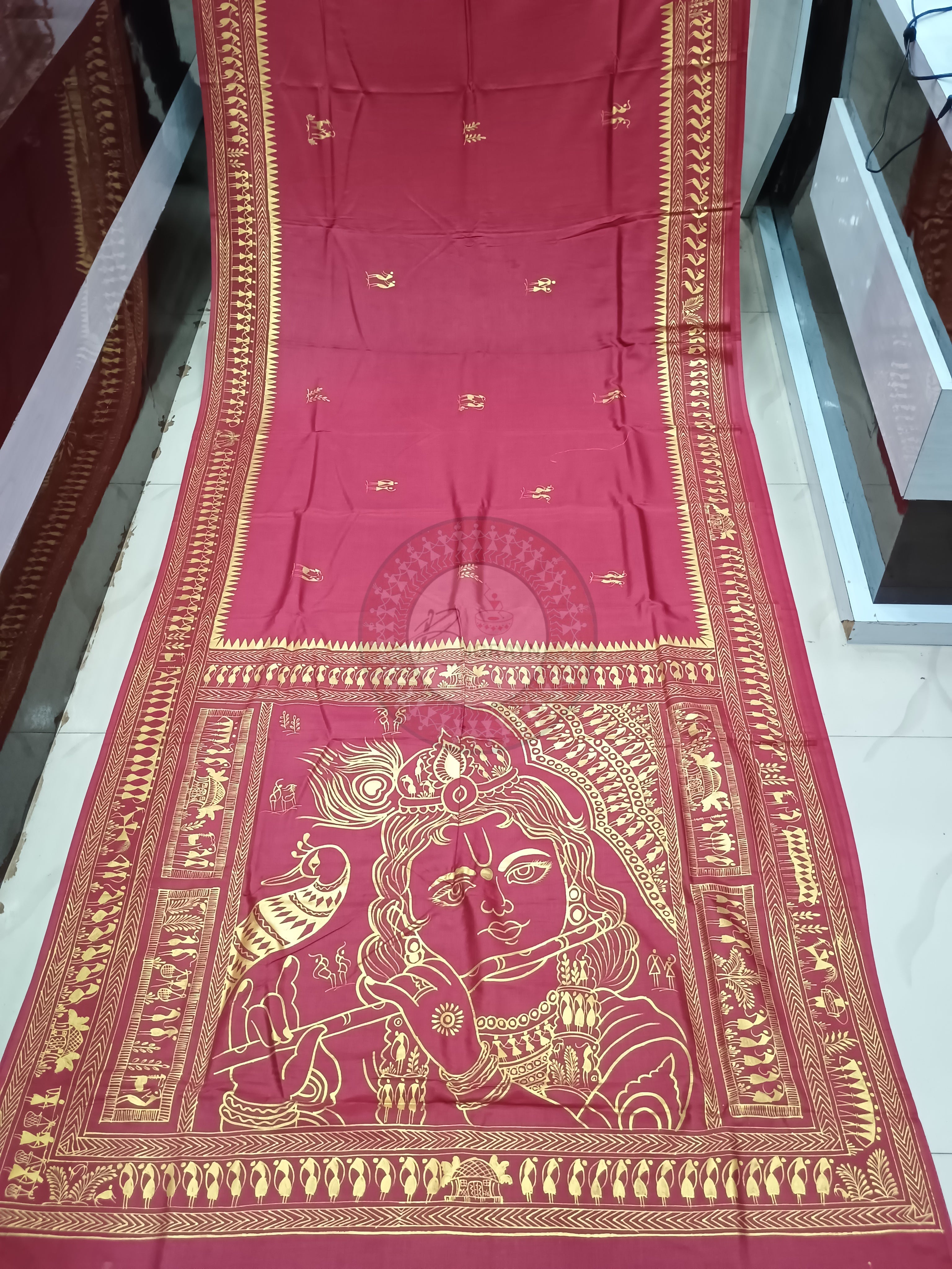 Maroon Krishna Theme Pattachitra Khadi Silk Saree