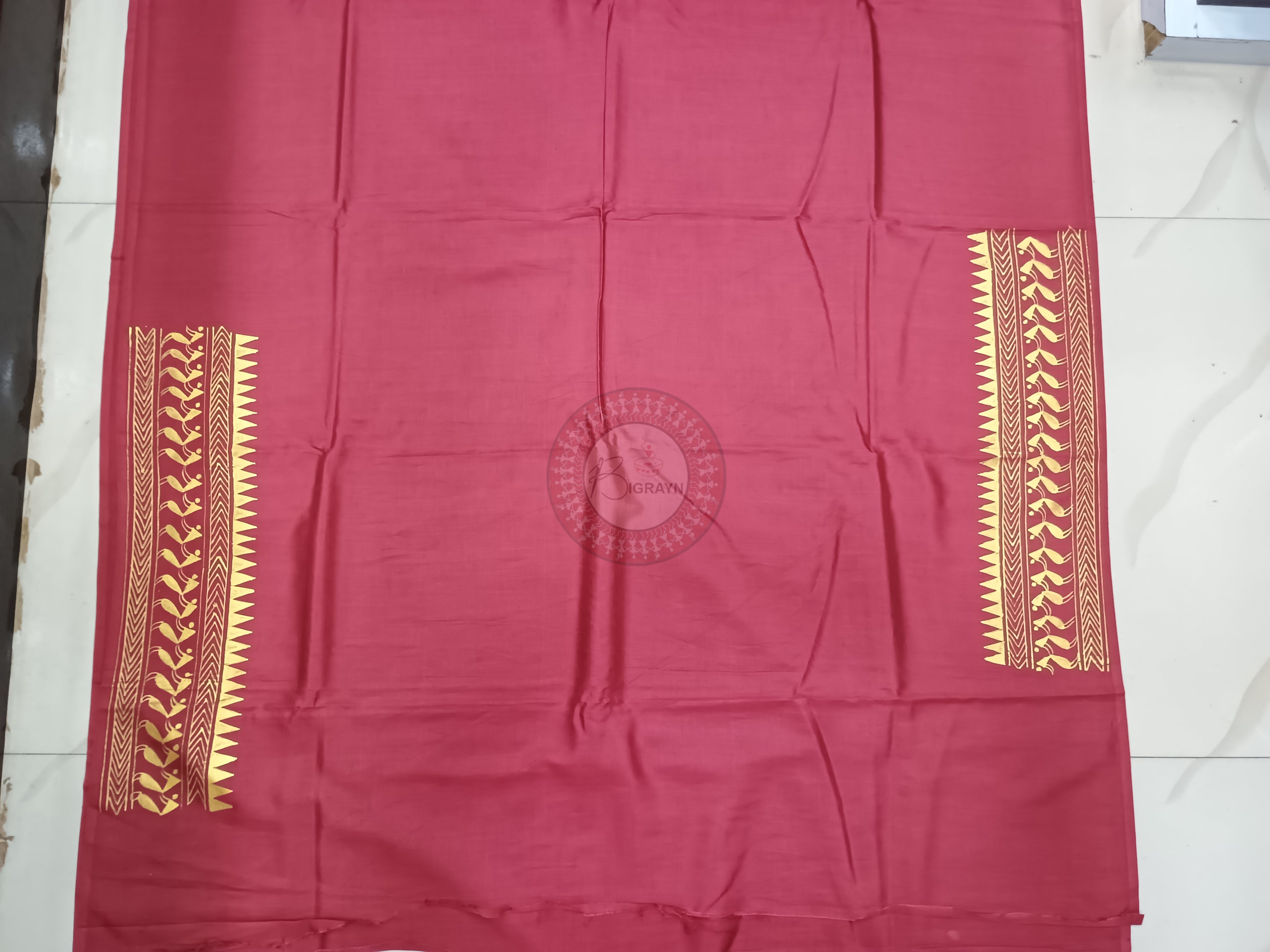 Maroon Krishna Theme Pattachitra Khadi Silk Saree