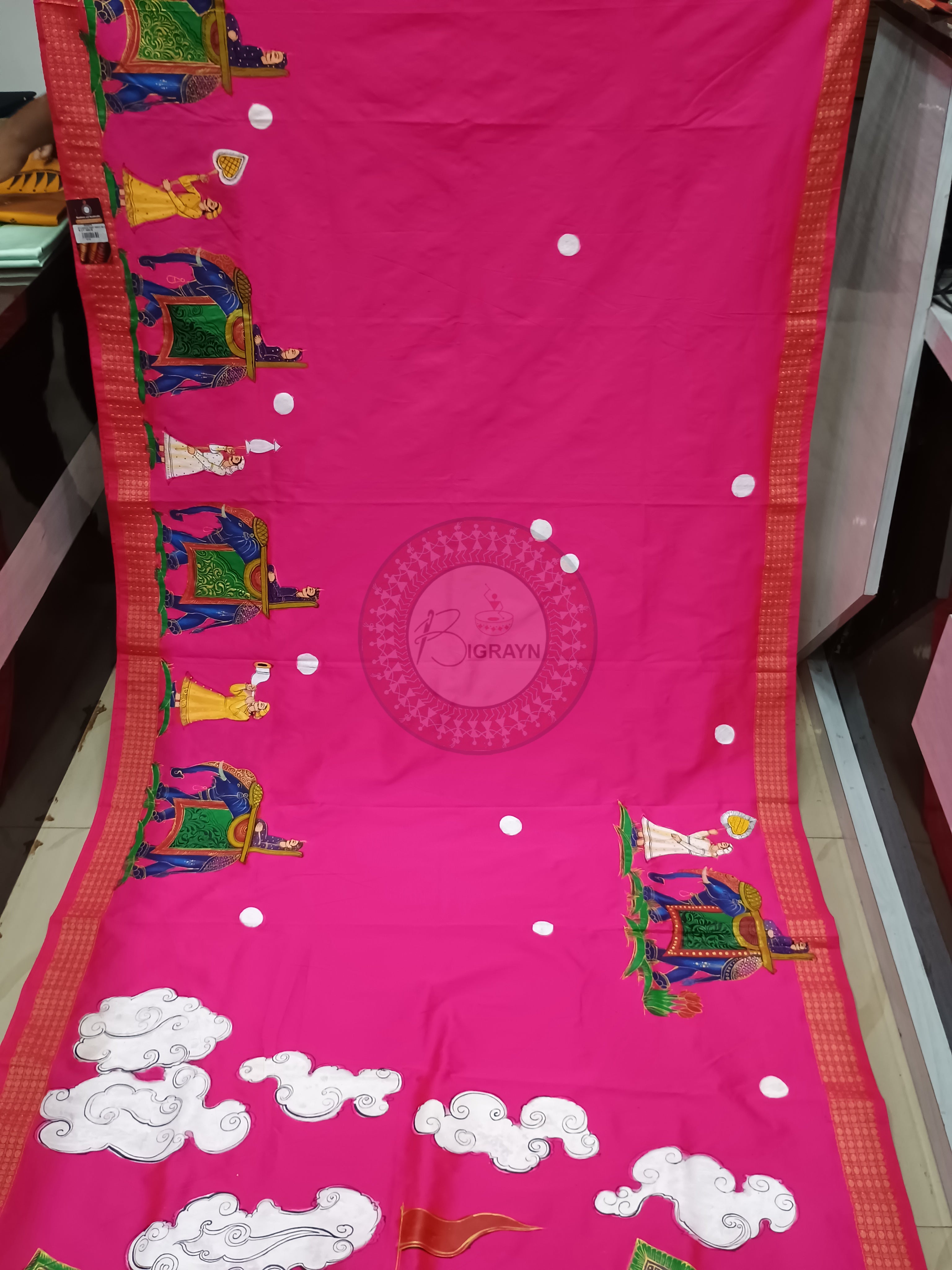 Magenta Pink Ashoka Theme Pattachitra Cotton Blended Silk Saree