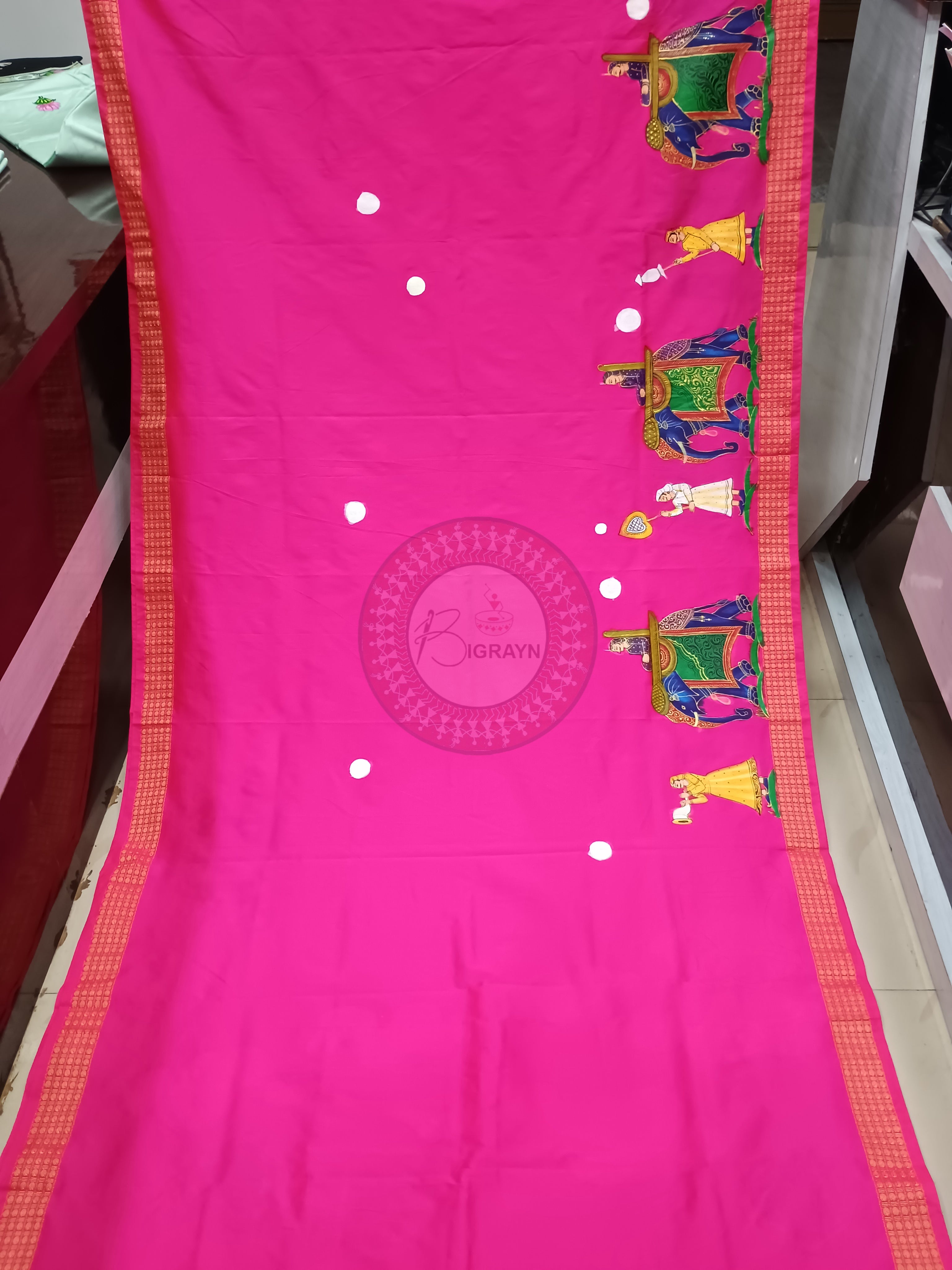 Magenta Pink Ashoka Theme Pattachitra Cotton Blended Silk Saree
