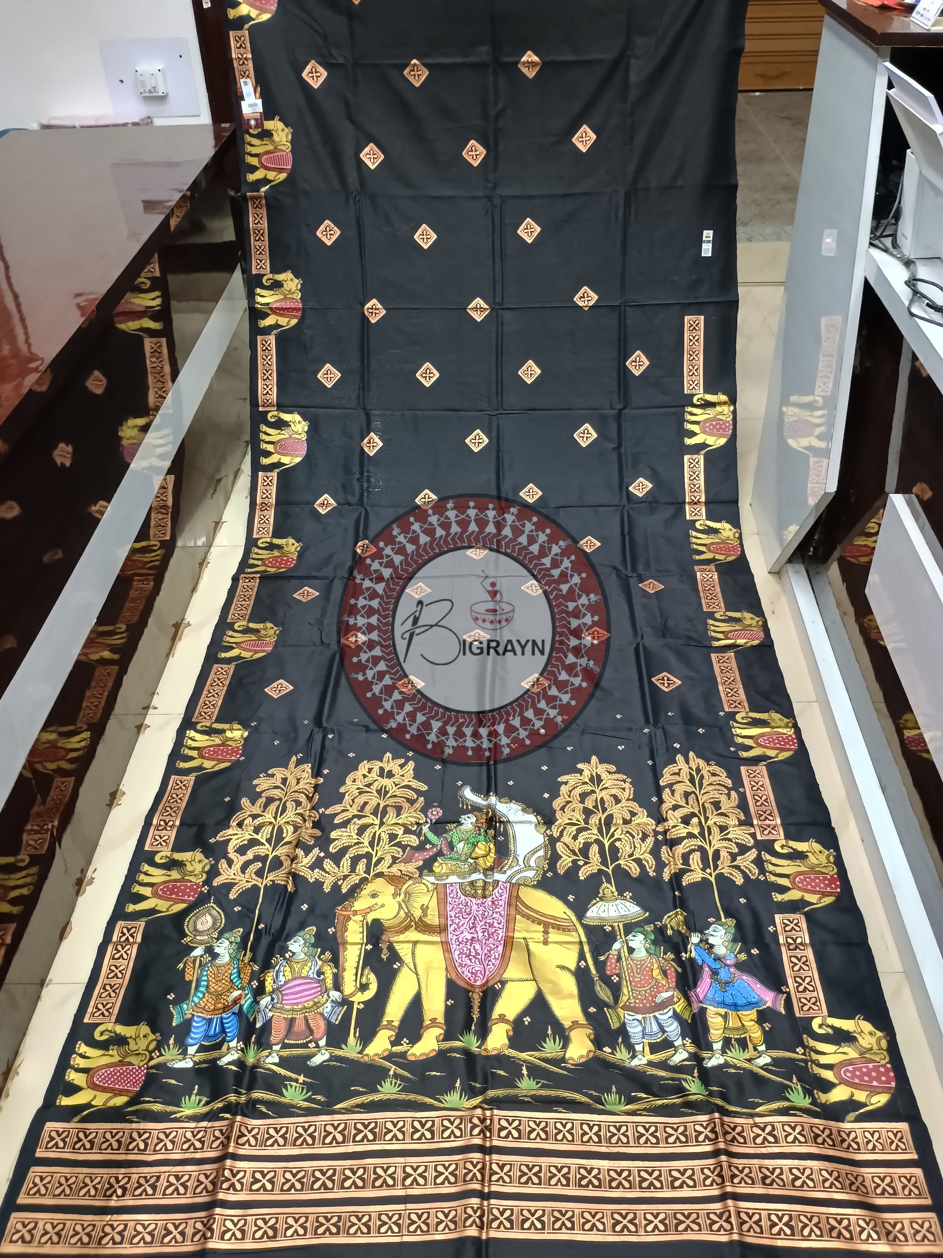 Black Ashoka Theme Pattachitra Sambalpuri Silk Saree