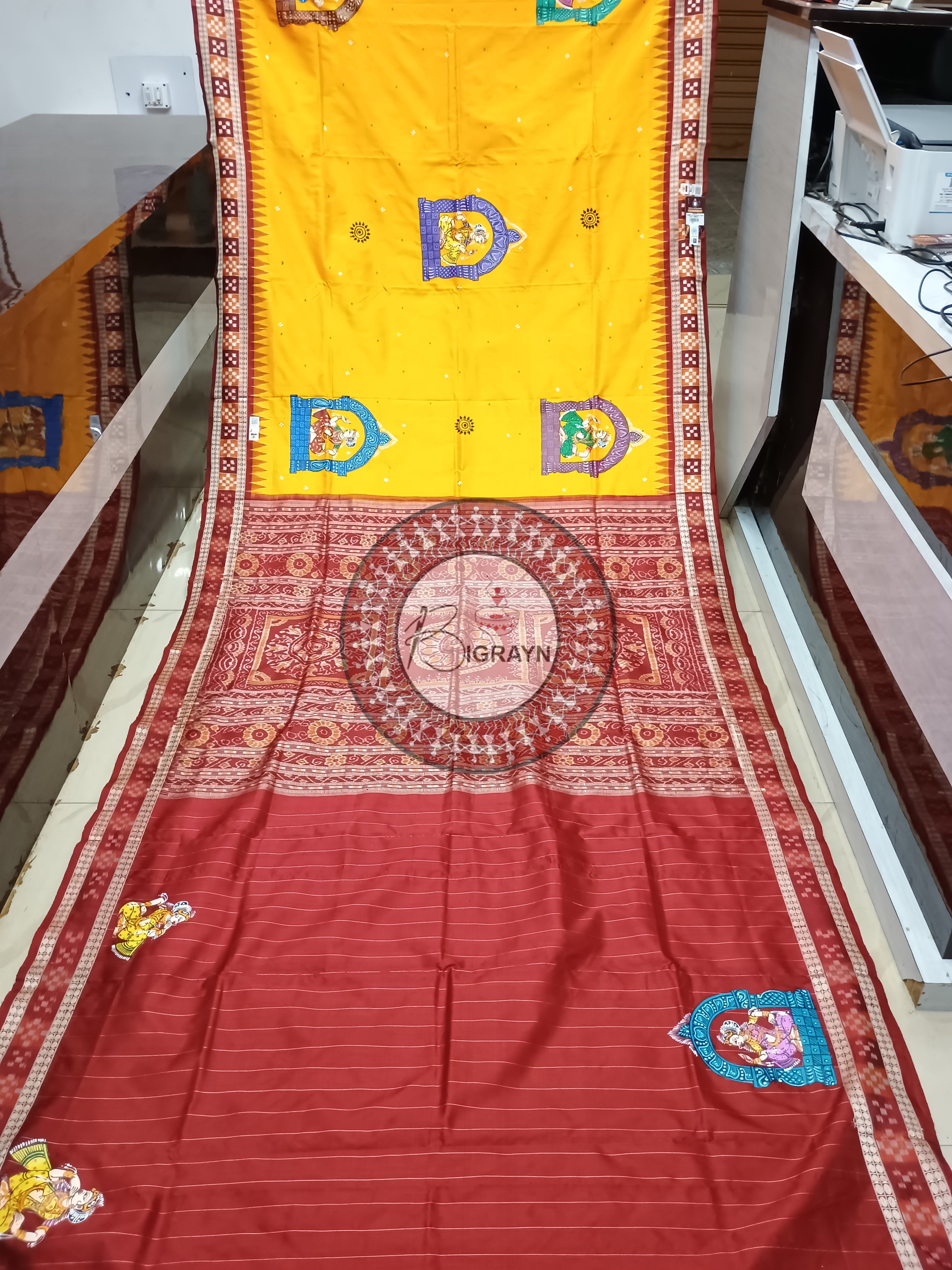 Yellow Maroon Sakta Dolabedi Pattachitra Sambalpuri Silk Saree