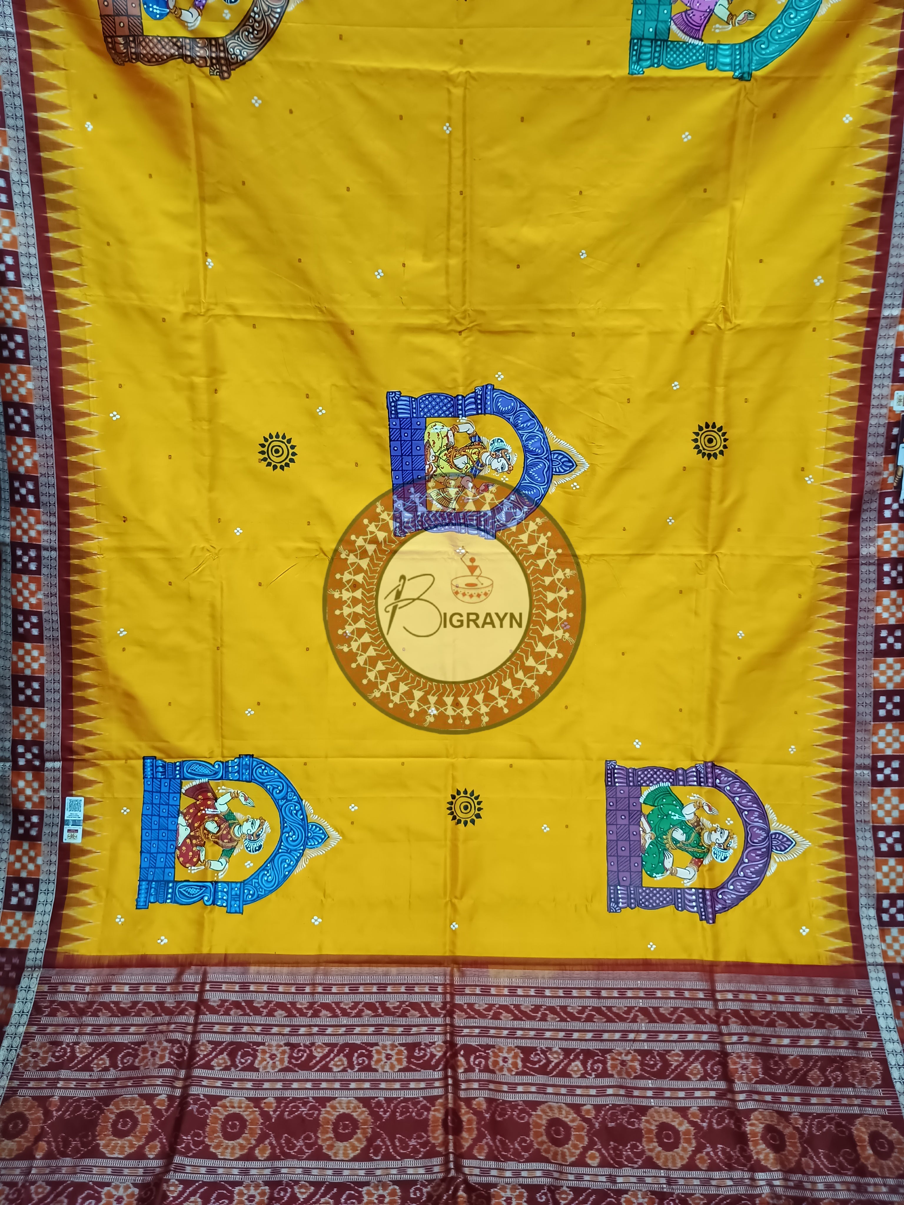 Yellow Maroon Sakta Dolabedi Pattachitra Sambalpuri Silk Saree