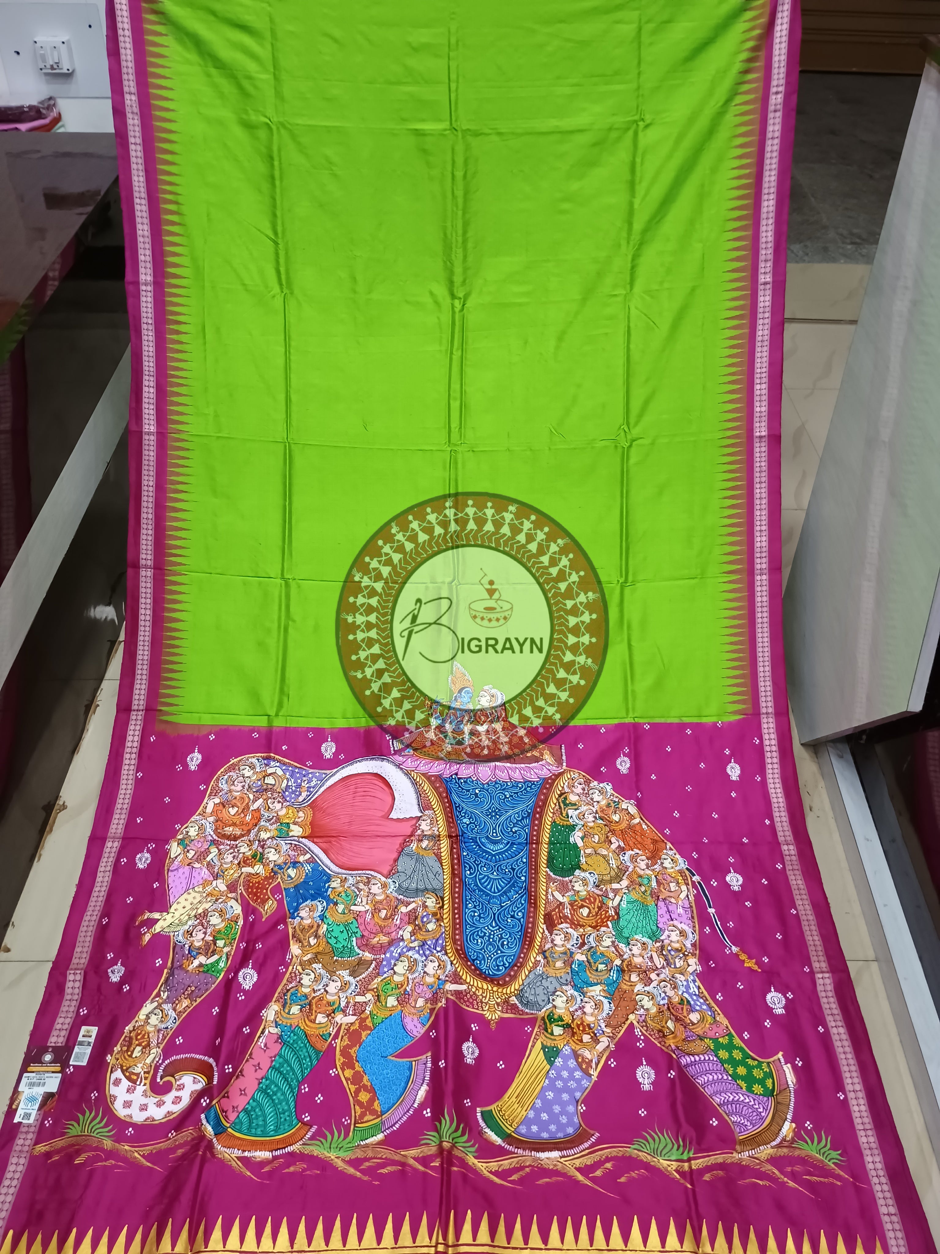 Neon Magenta Kandarpa Hasti Theme Pattachitra Sambalpuri Silk Saree