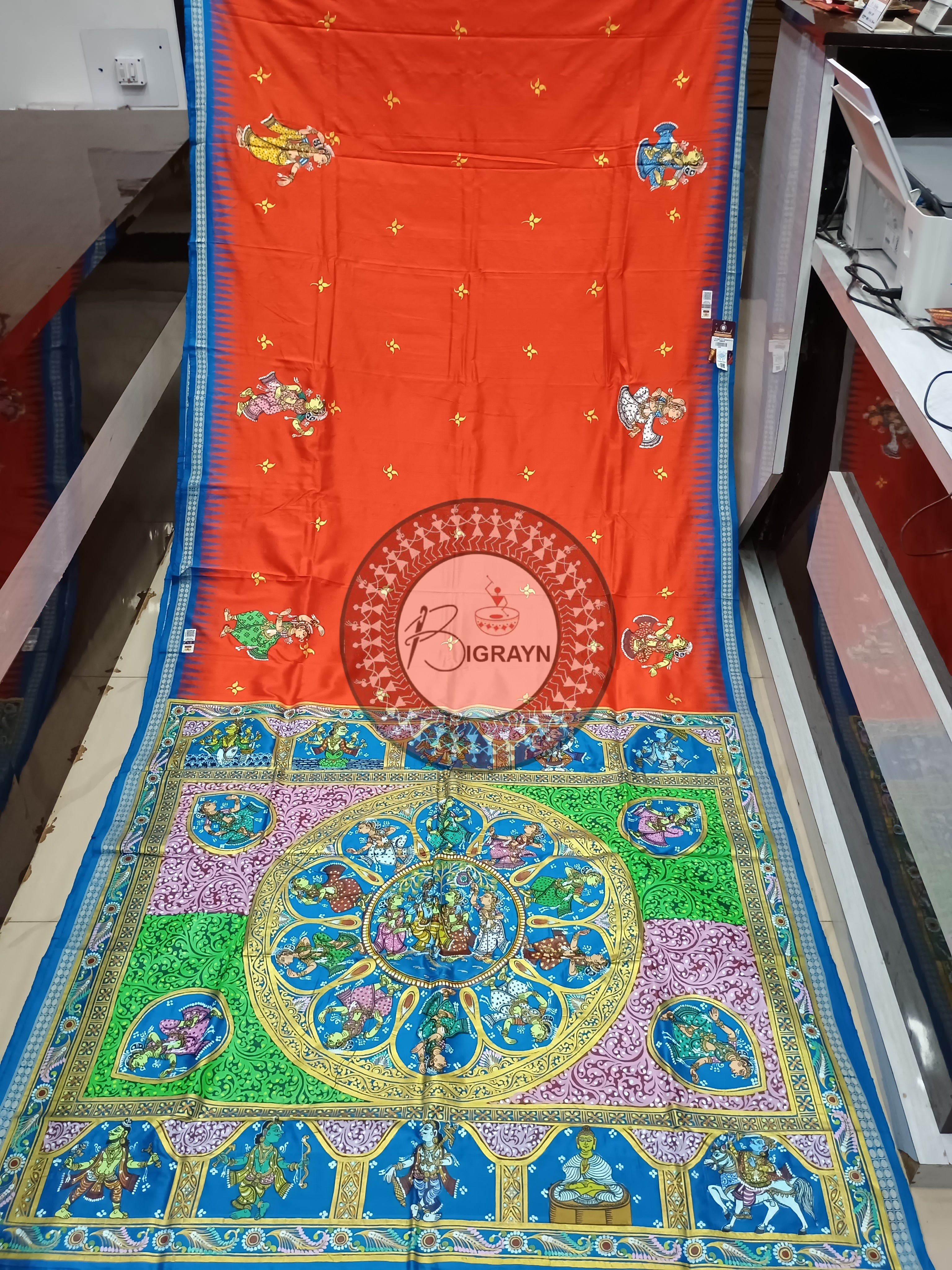 Orange Blue Dashavatar Theme Pattachitra Sambalpuri Silk Saree