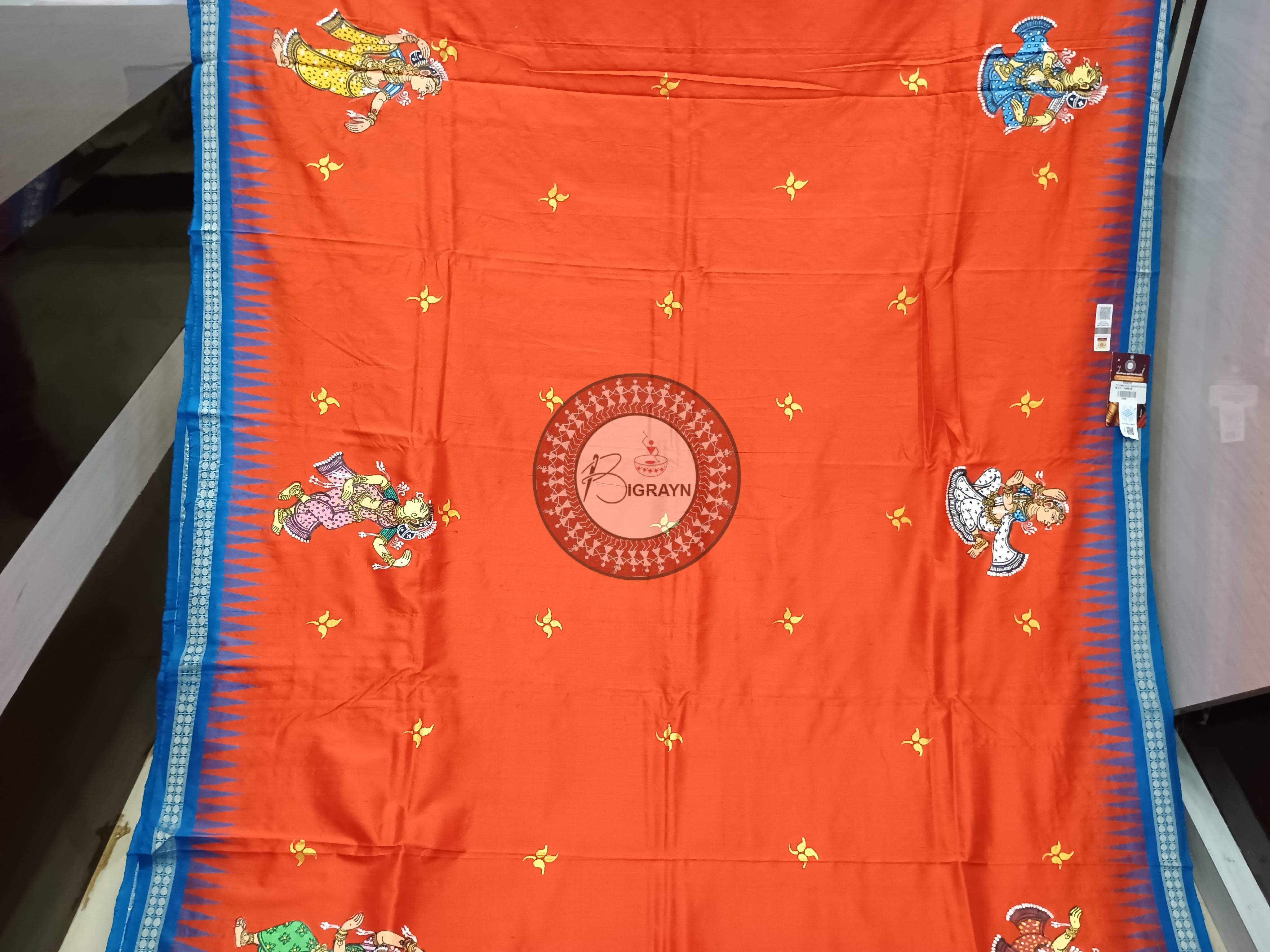 Orange Blue Dashavatar Theme Pattachitra Sambalpuri Silk Saree