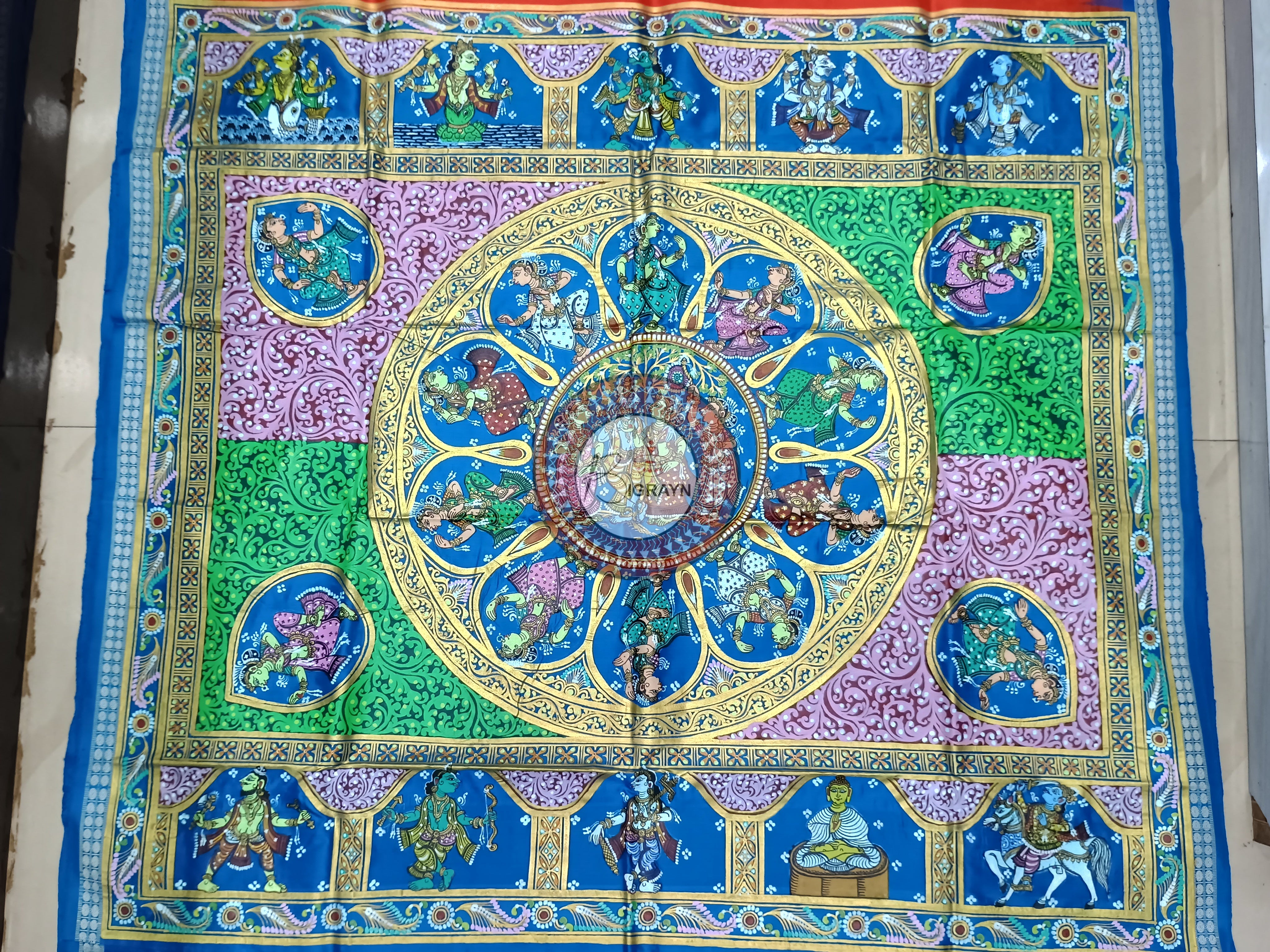 Orange Blue Dashavatar Theme Pattachitra Sambalpuri Silk Saree