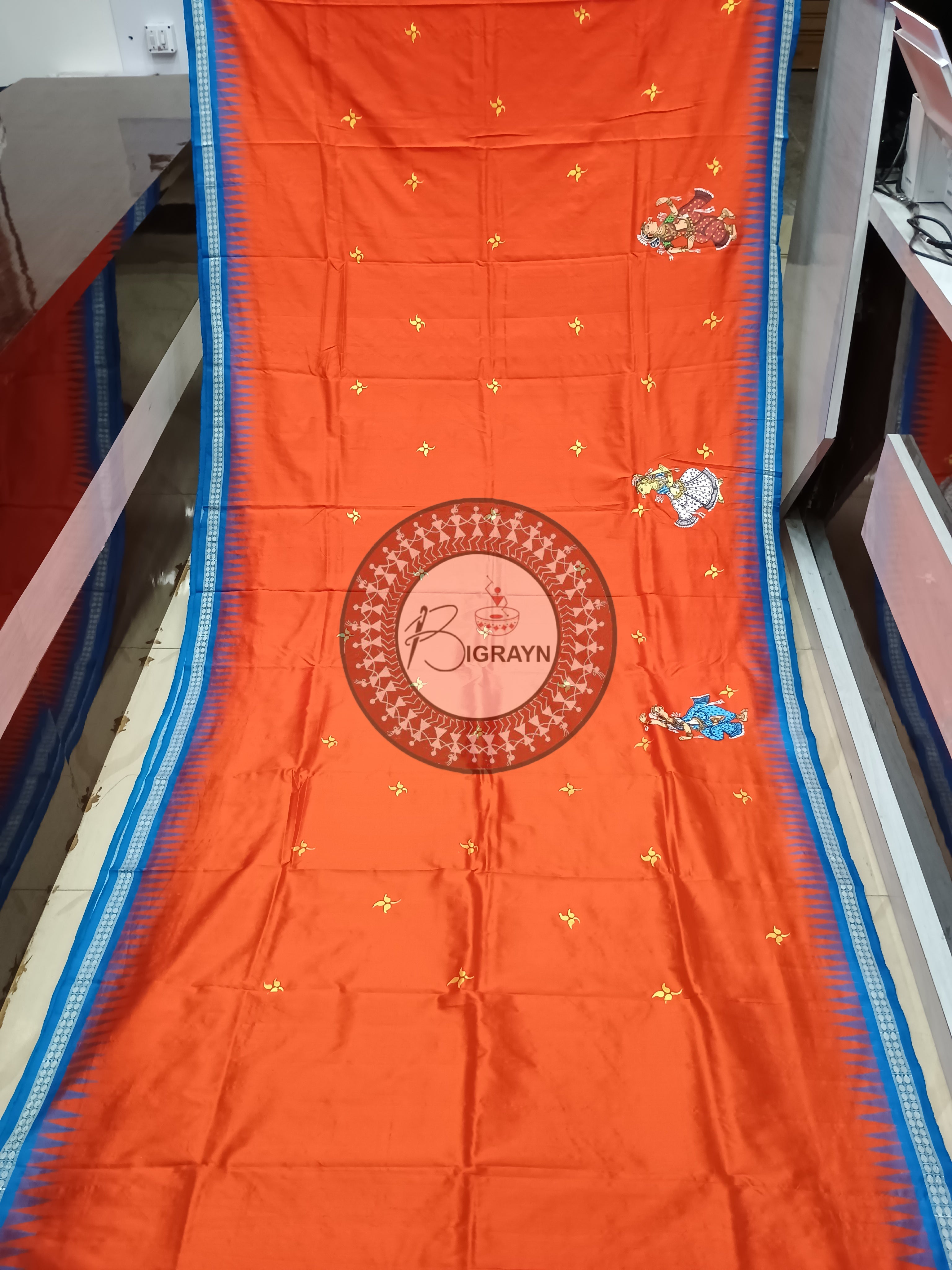 Orange Blue Dashavatar Theme Pattachitra Sambalpuri Silk Saree