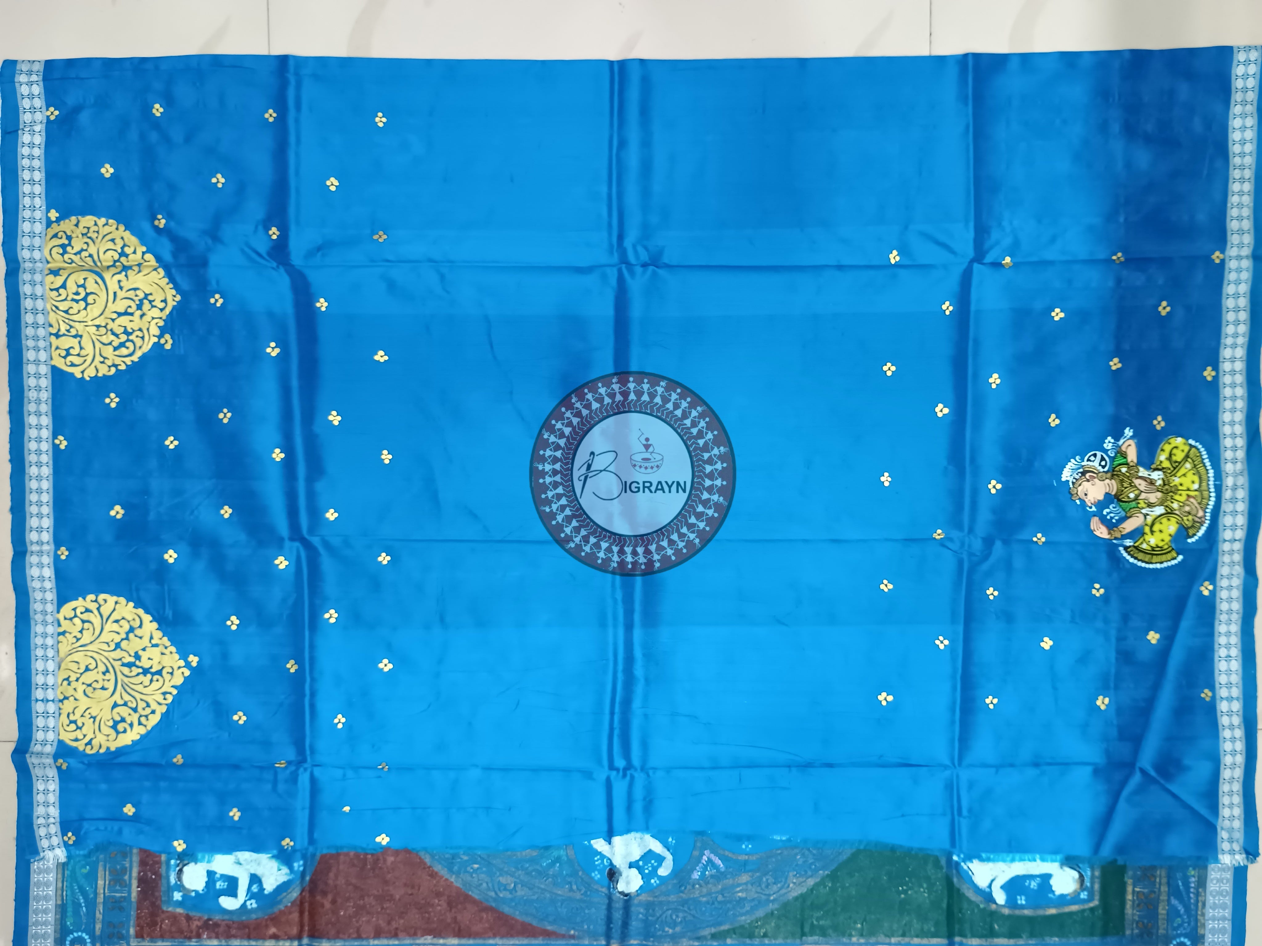 Orange Blue Dashavatar Theme Pattachitra Sambalpuri Silk Saree