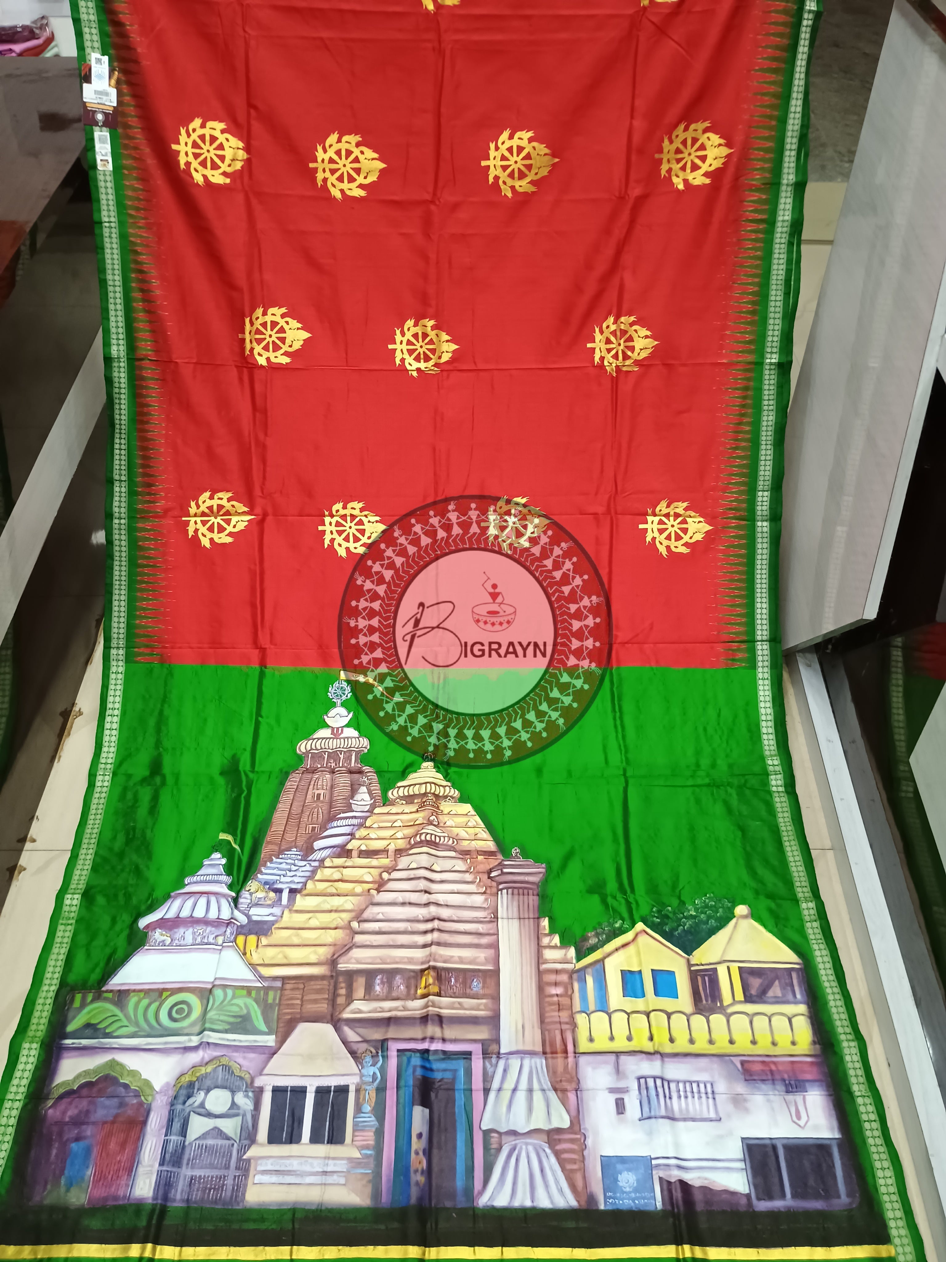 Red Green Jagannath Temple Theme Pattachitra Sambalpuri Silk Saree