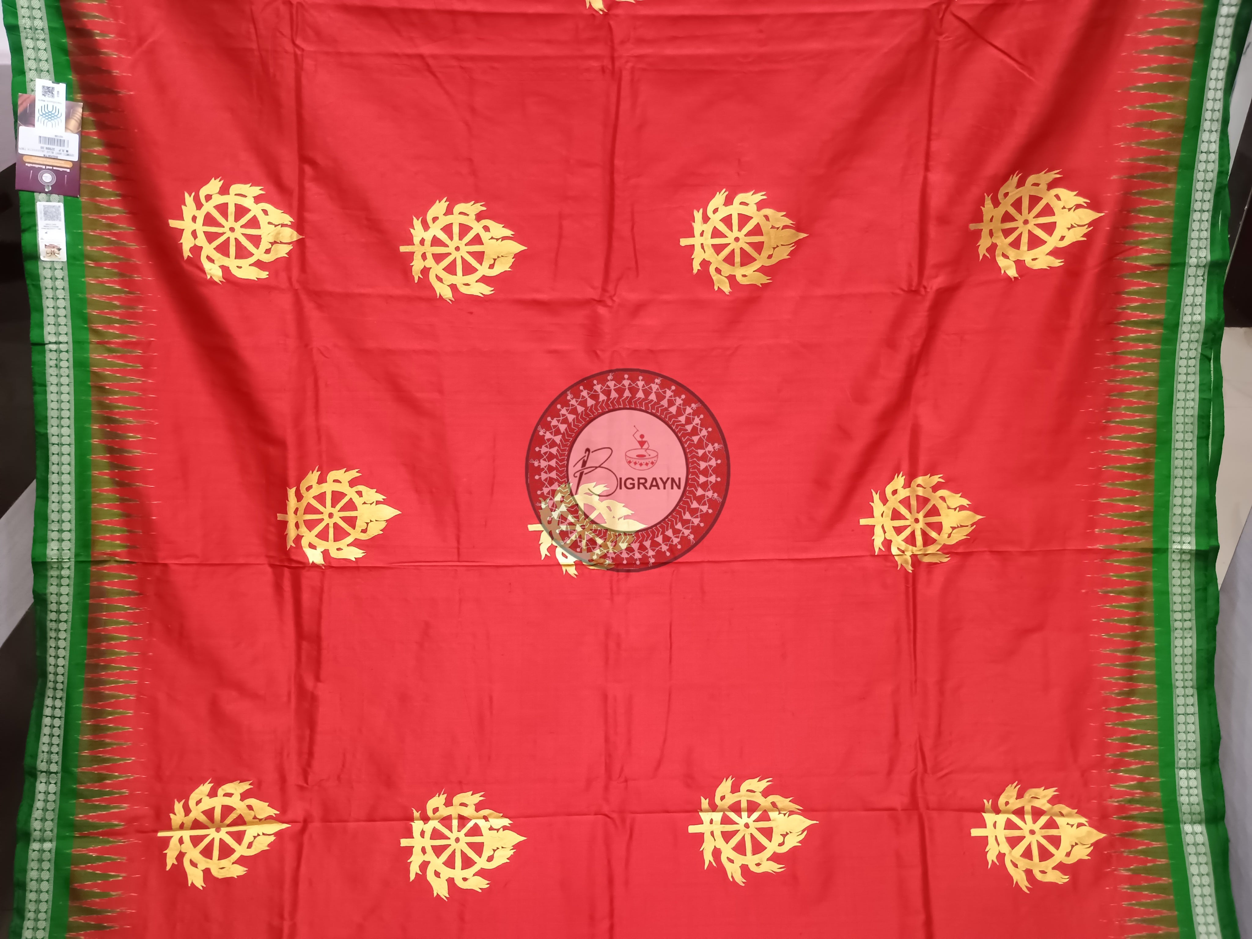 Red Green Jagannath Temple Theme Pattachitra Sambalpuri Silk Saree