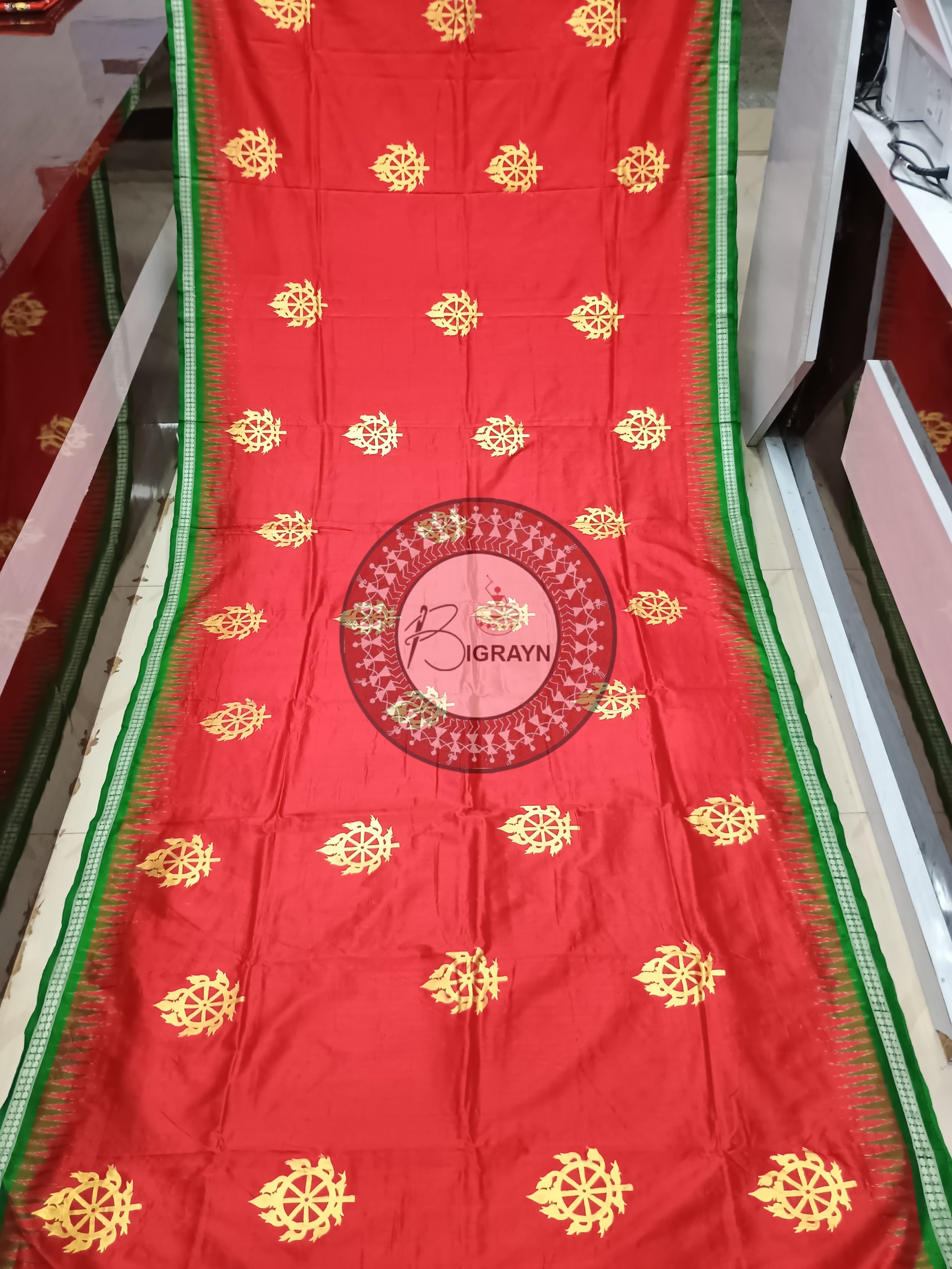 Red Green Jagannath Temple Theme Pattachitra Sambalpuri Silk Saree