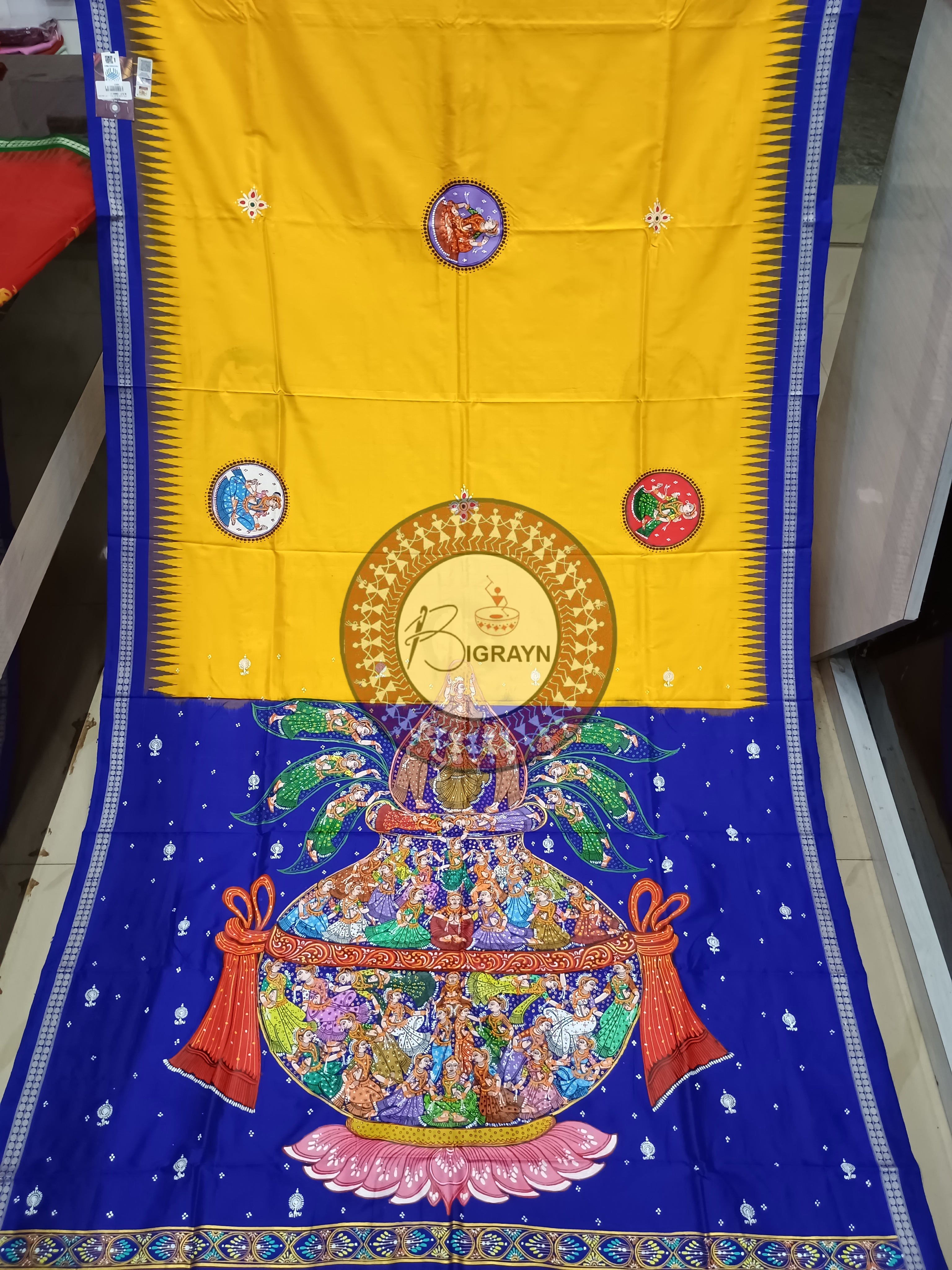 Yellow Blue Kandarpa Kalash Theme Pattachitra Sambalpuri Silk Saree