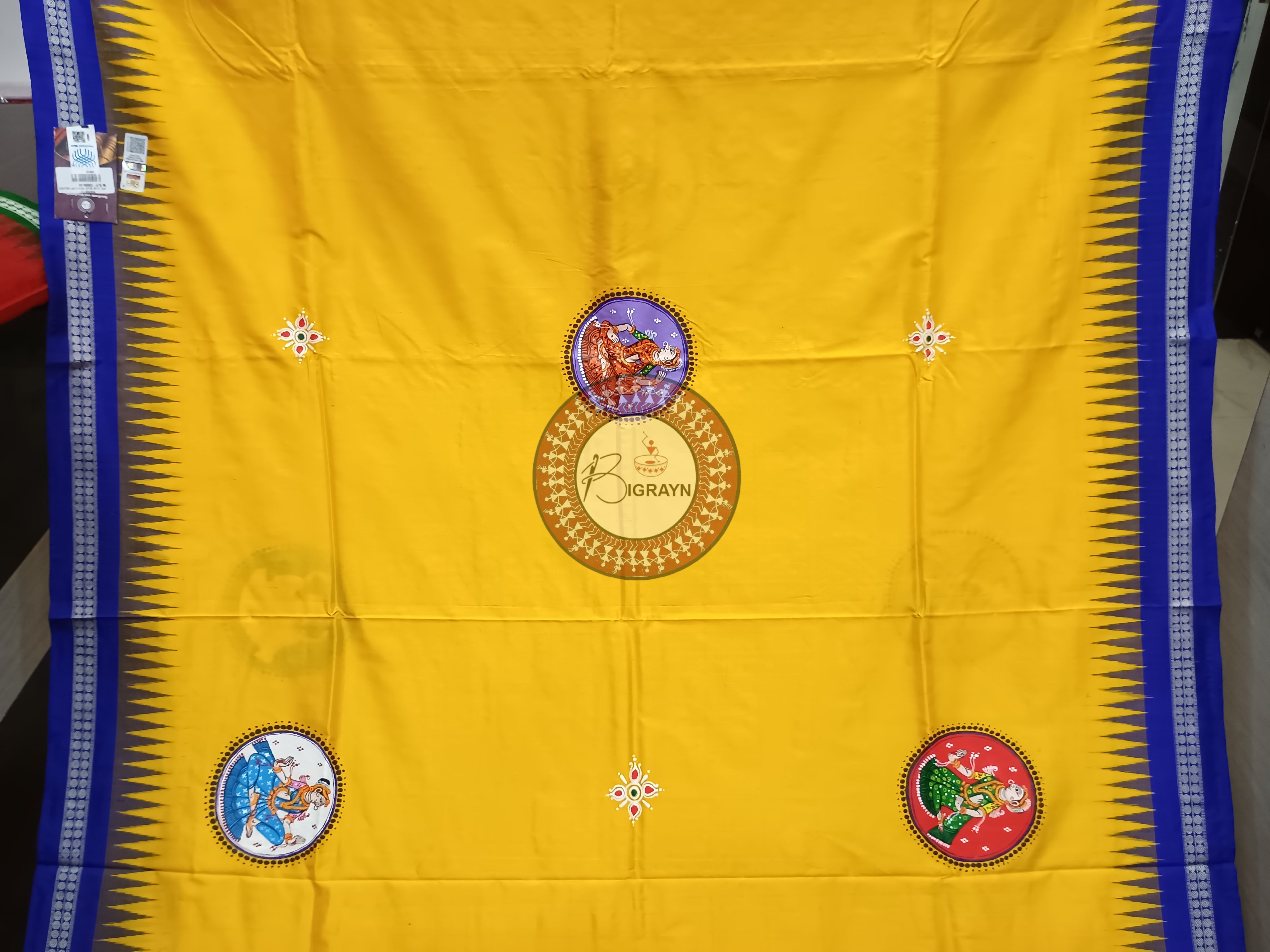 Yellow Blue Kandarpa Kalash Theme Pattachitra Sambalpuri Silk Saree