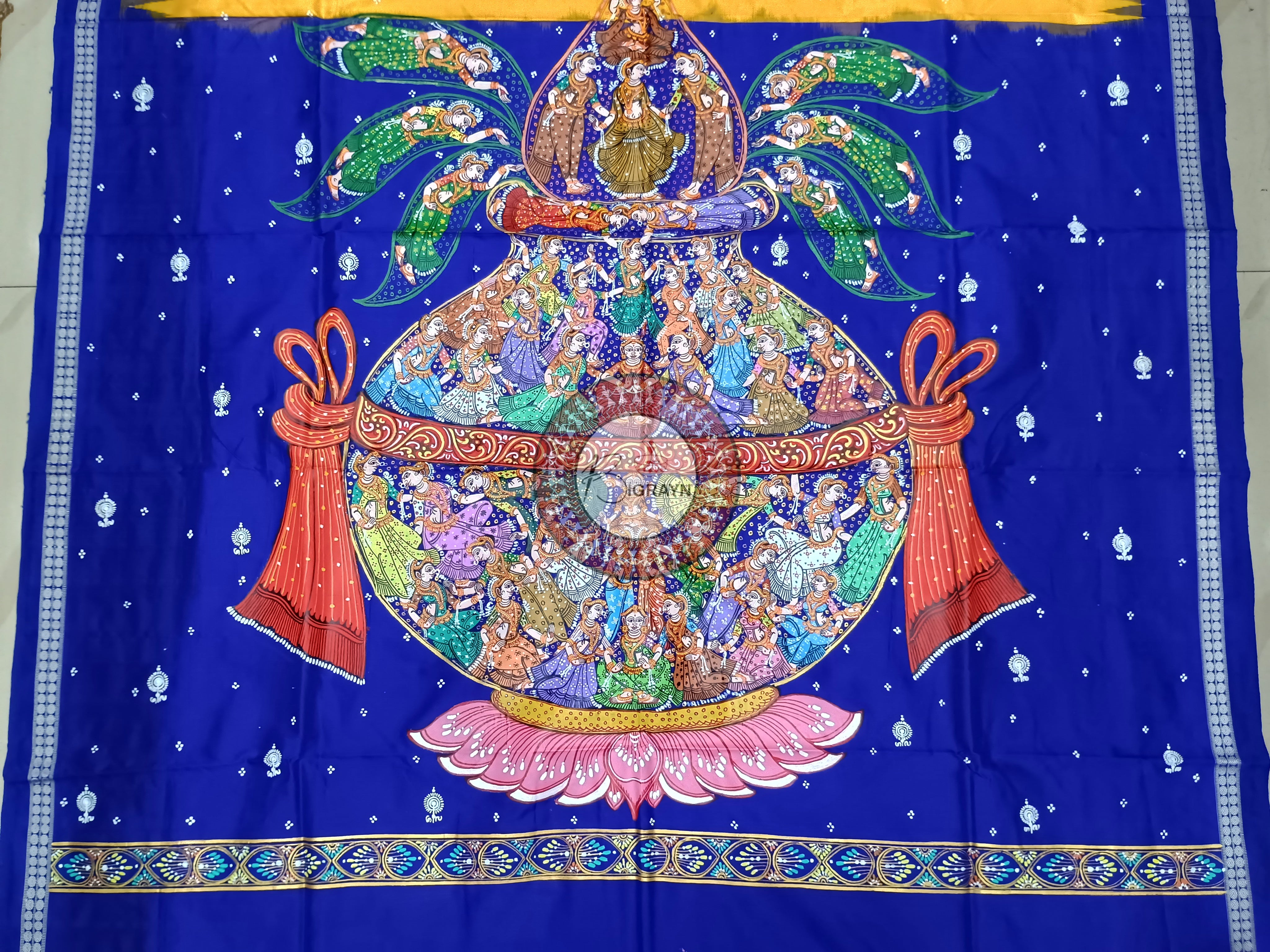 Yellow Blue Kandarpa Kalash Theme Pattachitra Sambalpuri Silk Saree